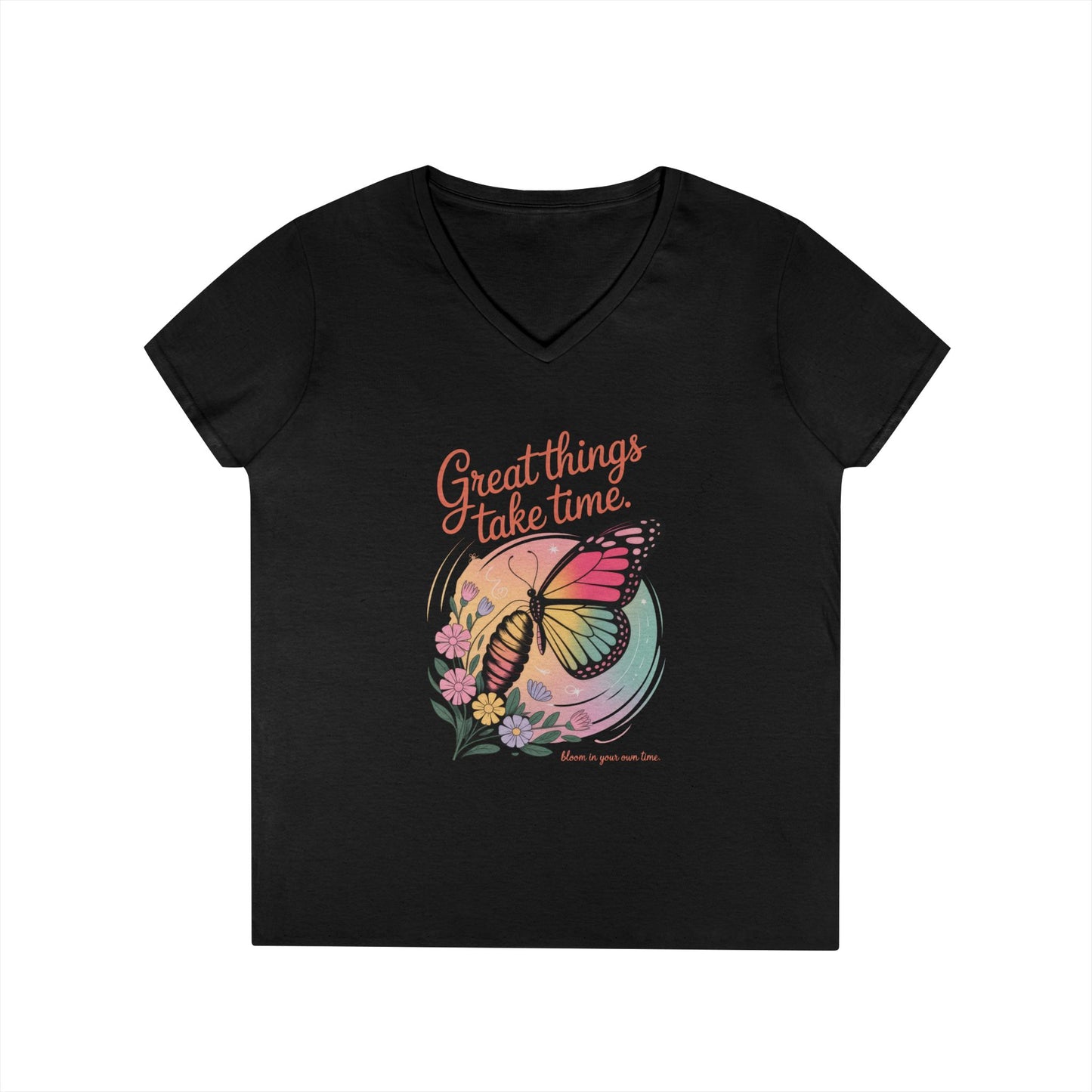 Inspiring Ladies' V-Neck T-Shirt, Great Things Take Time Butterfly Design, Relaxation, Motivation, Nature, Motivational Women's Tee