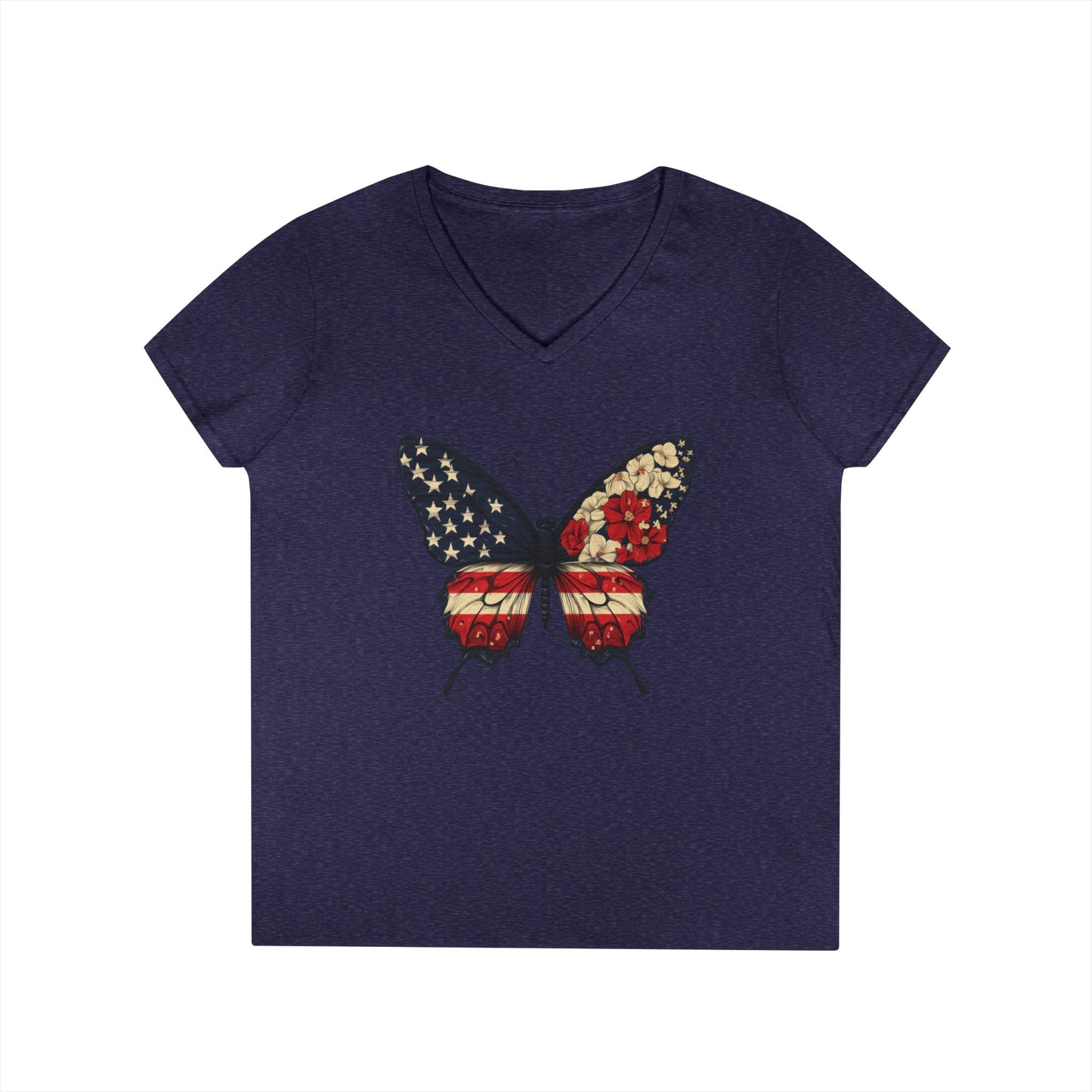 Patriotic Butterfly V-Neck T-Shirt, Summer Style, Gifts for Her, Independence Day, Casual Wear, Nature Lovers