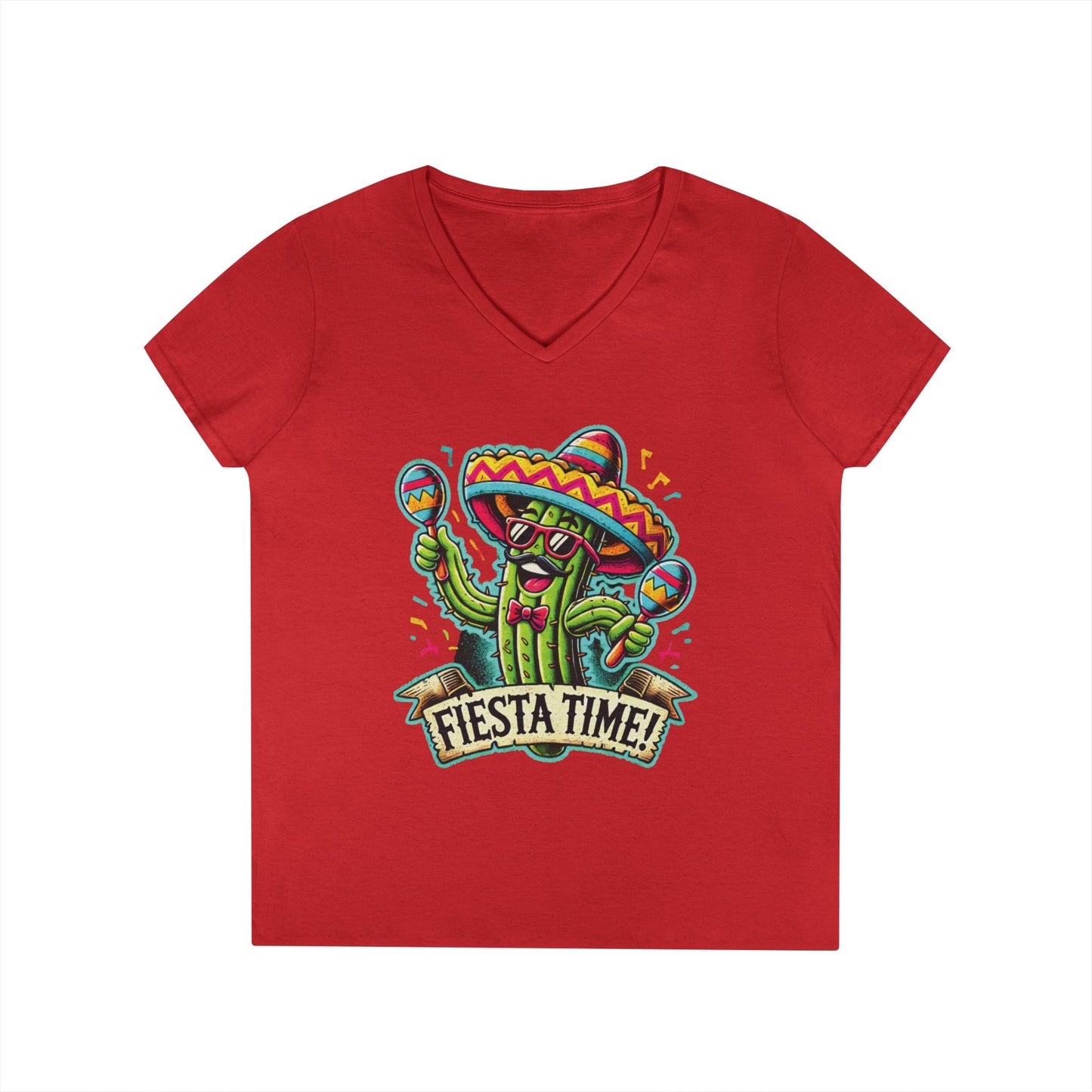 Fiesta Time Cactus Ladies' V-Neck T-Shirt, Funny Sombrero Mexican Party Tee, Cinco de Mayo Gift Idea, Fun Summer Tee, Party Wear