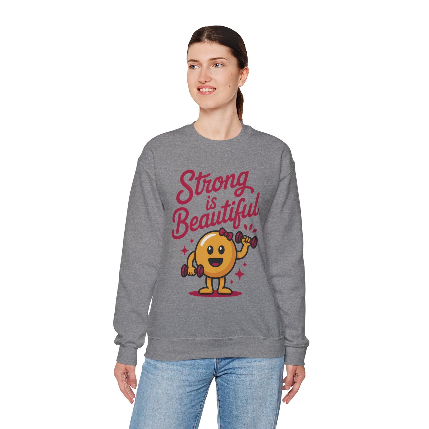 Strong is Beautiful Womens Crewneck Sweatshirt, Cute Fitness Graphic Pullover, Gym and Workout Motivation Sweater, Gift for Fitness Lovers