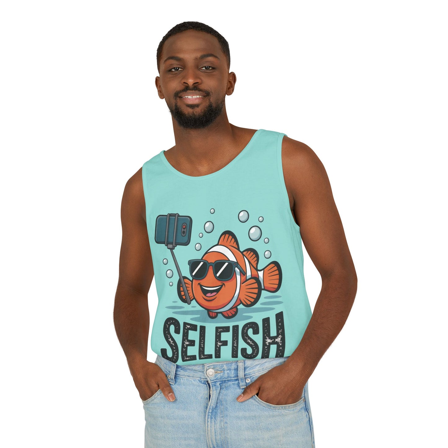 Mens Garment-Dyed Tank Top, Mens Selfish Funny Fish Tank Top, Cute Selfie Graphic Shirt, Ocean Humor Top