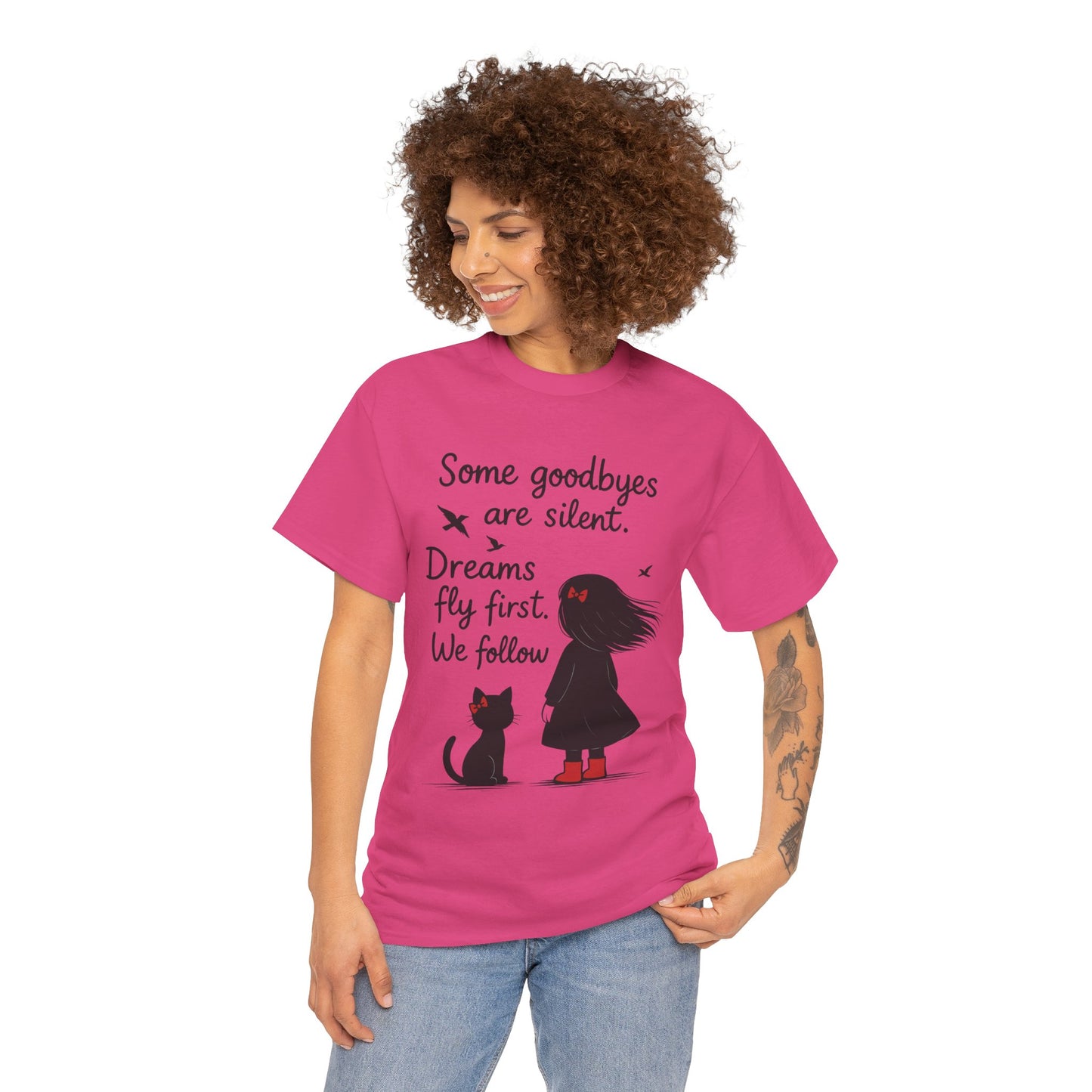 Emotional Hand Drawn Womens T-Shirt, Minimalist Red Dress Girl and Cat Graphic Tee, Cat Lover Gift