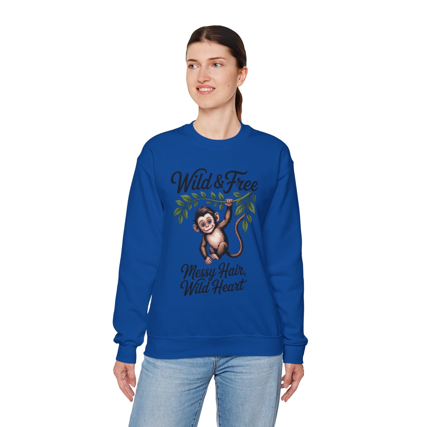 Wild & Free Monkey Sweatshirt, Messy Hair Wild Heart Womens Pullover, Cute Jungle Animal Sweater, Boho Adventure Graphic, Nature Lover Gift