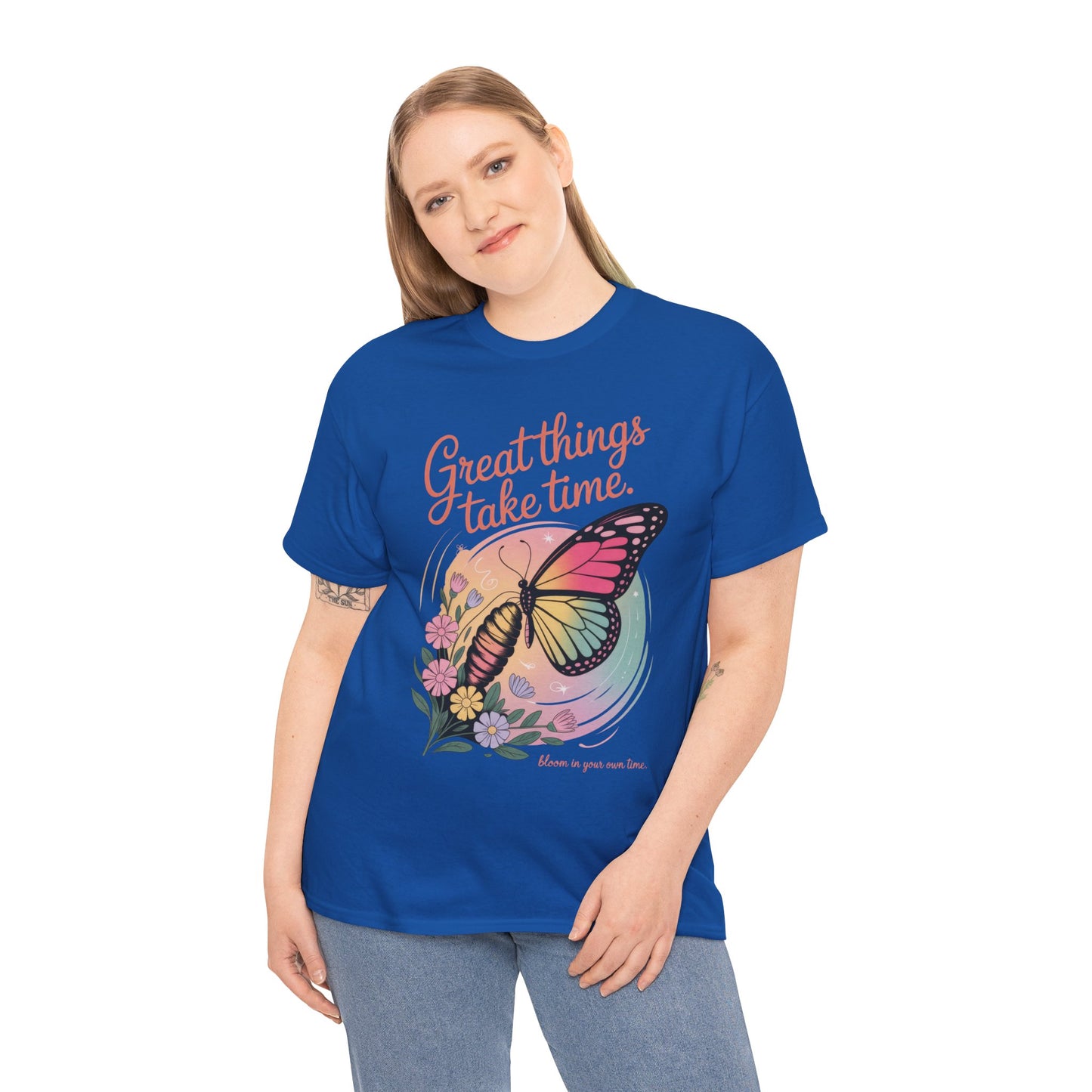 Butterfly Motivational Women's Heavy Cotton Tee, Great Things Take Time Shirt, Gift for Nature Lovers, Inspirational Apparel, Summer Outfit