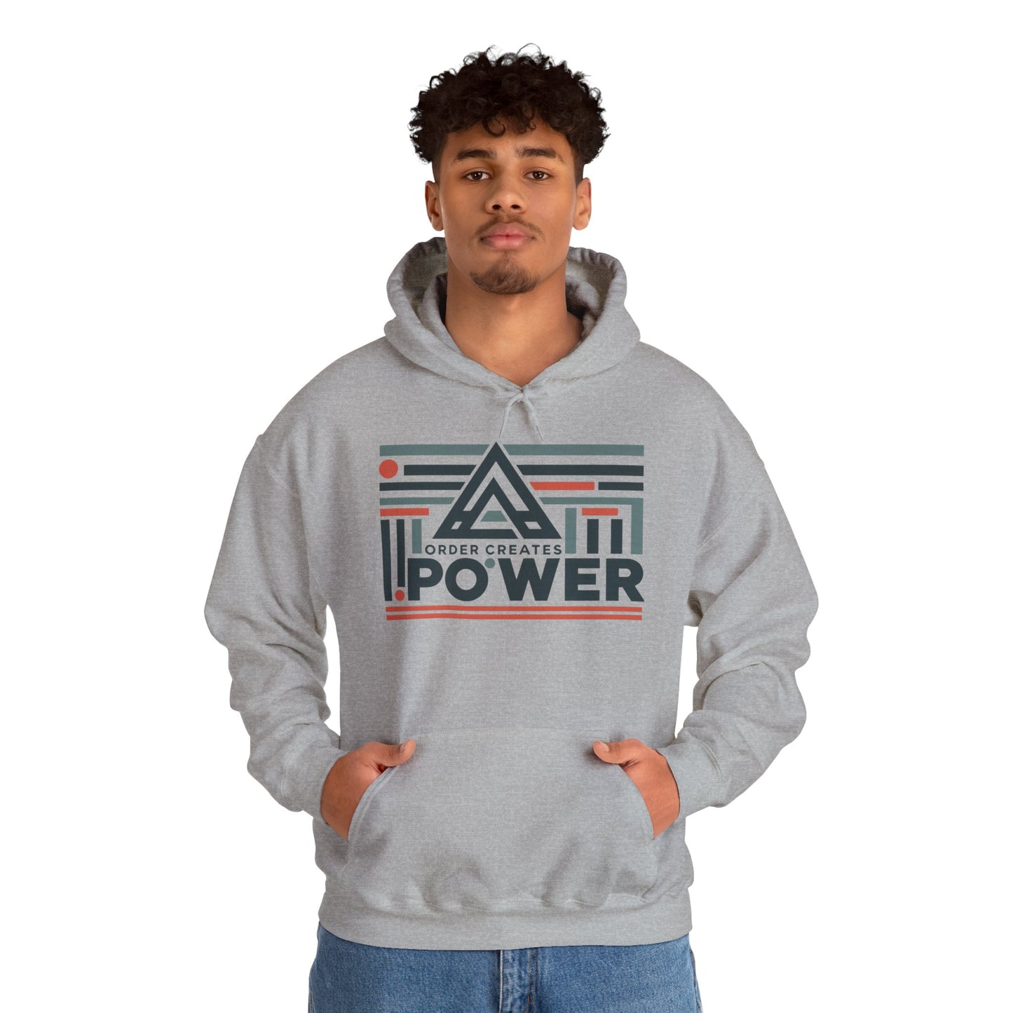 Men's Hoodie Order Creates Power, Geometric Minimal Motivational Graphic Pullover Hoodie, Mens Heavy Blend™ Hooded Sweatshirt