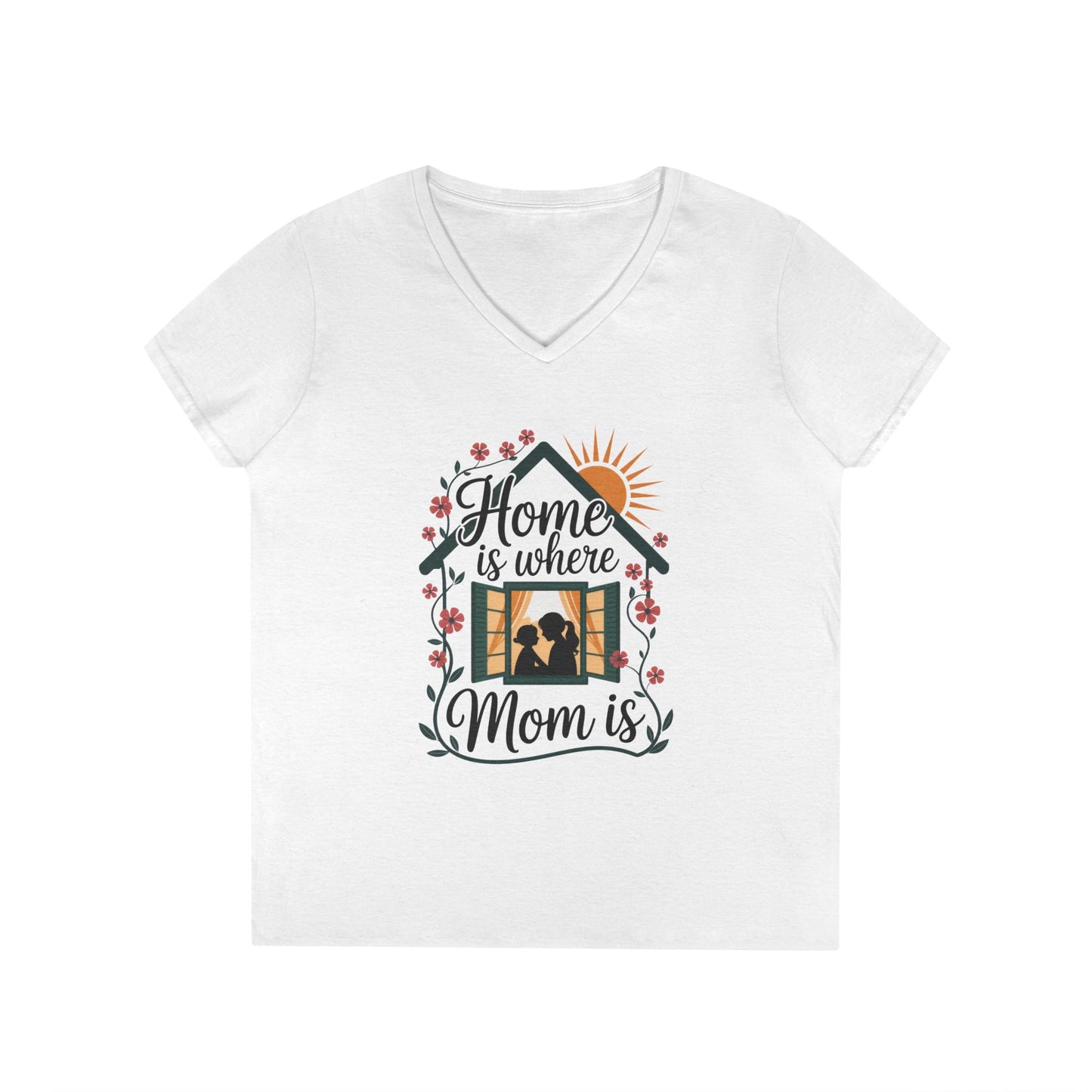 Home Is Where Mom Is V-Neck T-Shirt, Mother's Day Cotton Tee, Cute Family Gift for Mom, Sentimental Mom Shirt for Her, mother's day Gift