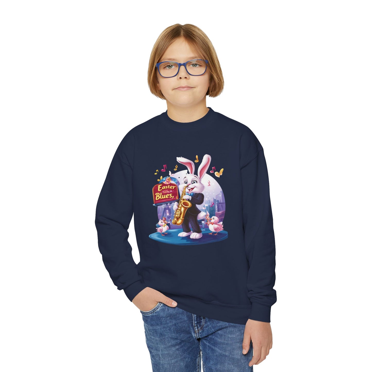 Jazz Bunny Easter Kids Sweatshirt - Cute Saxophone Playing Bunny Design, Fun Spring Crewneck, Holiday Gift for Boys and Girls