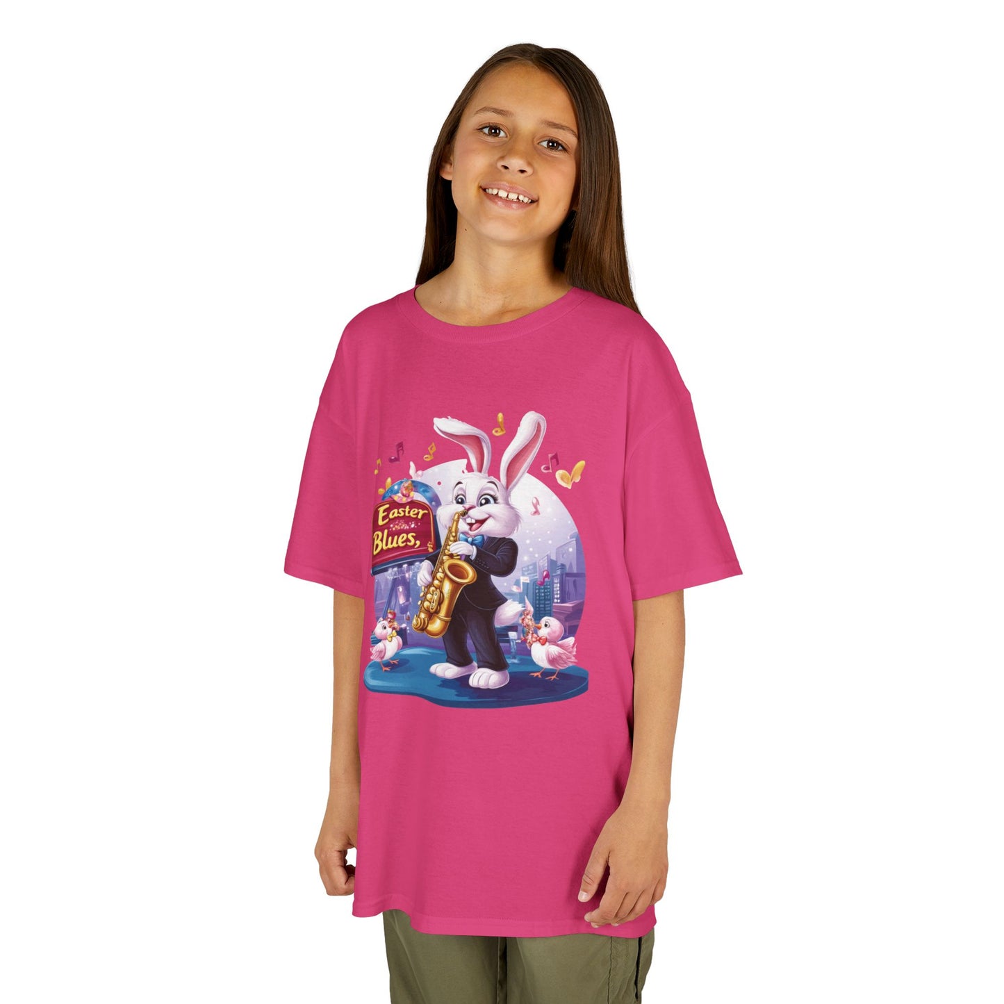 Easter Blues Bunny Kids T-Shirt - Cute Jazz Music Themed Tee for Boys and Girls, Fun Spring Gift, Bunny Playing Saxophone Design