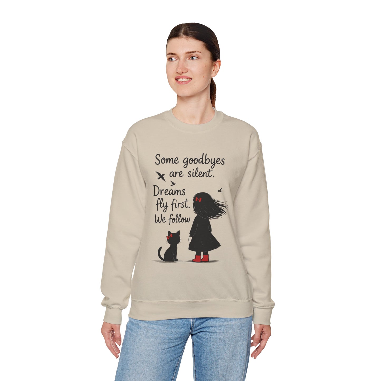 Cozy Farewell Girl & Cat Pullover, Hand Drawn Red Dress Art, Minimalist Womens Crewneck