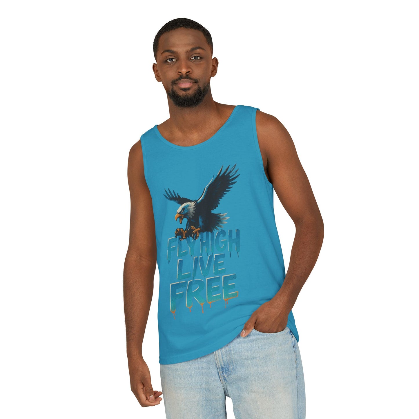 Mens Garment-Dyed Tank Top, Fly High Live Free Eagle Mens Tank Top Gym Wear