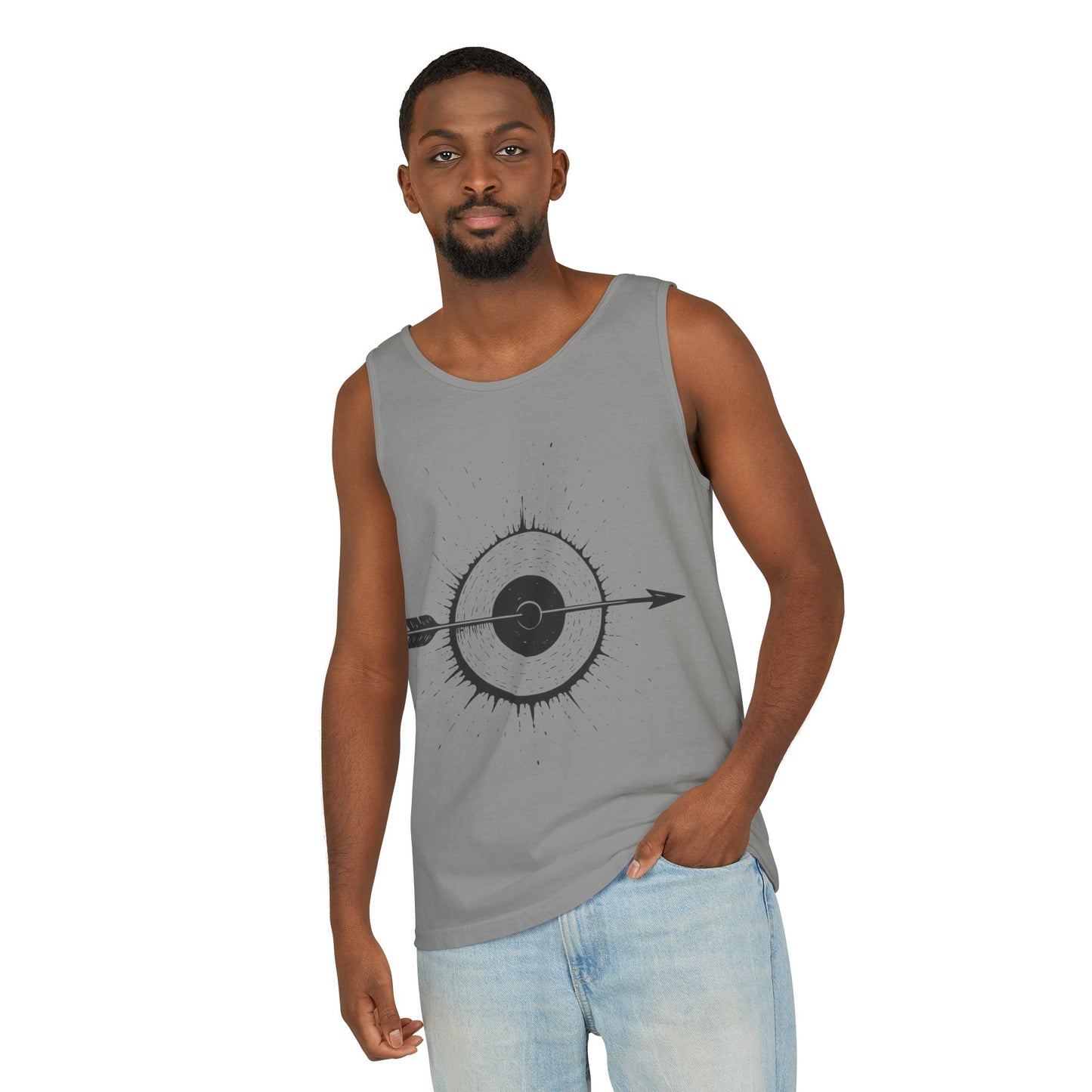 Mens Garment-Dyed Tank Top with Target Arrow Design, Casual Wear, Summer Essentials, Gym Wear, Gifts for Archery Lovers