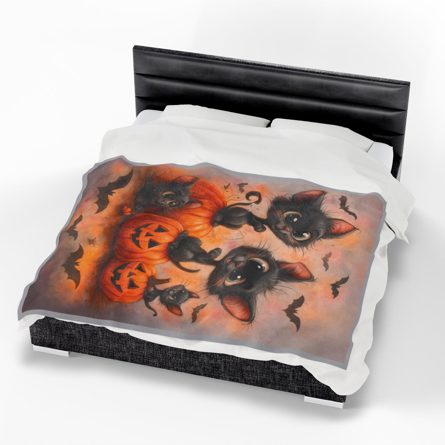 Cute Black Cats and Pumpkins Halloween Velveteen Plush Blanket, Cozy Fall Throw, Soft Cat Lover Gift, Kawaii Halloween Decor
