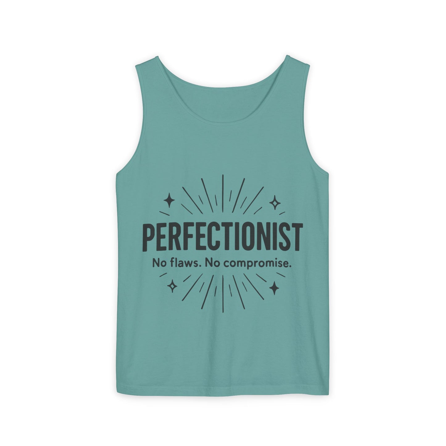Mens Perfectionist Tank Top, No Flaws No Compromise, Minimal Bold Graphic Tee, Gift for OCD, Clean Freak, or Detail-Oriented Men