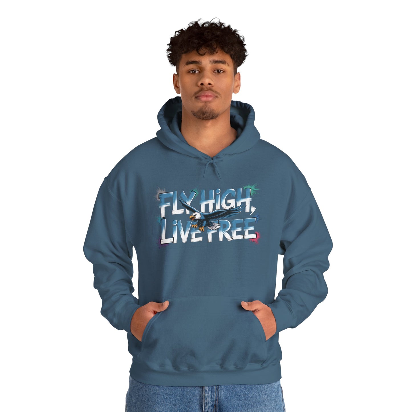 Mens Heavy Blend™ Hooded Sweatshirt, Fly High Live Free Eagle Mens Hoodie Streetwear
