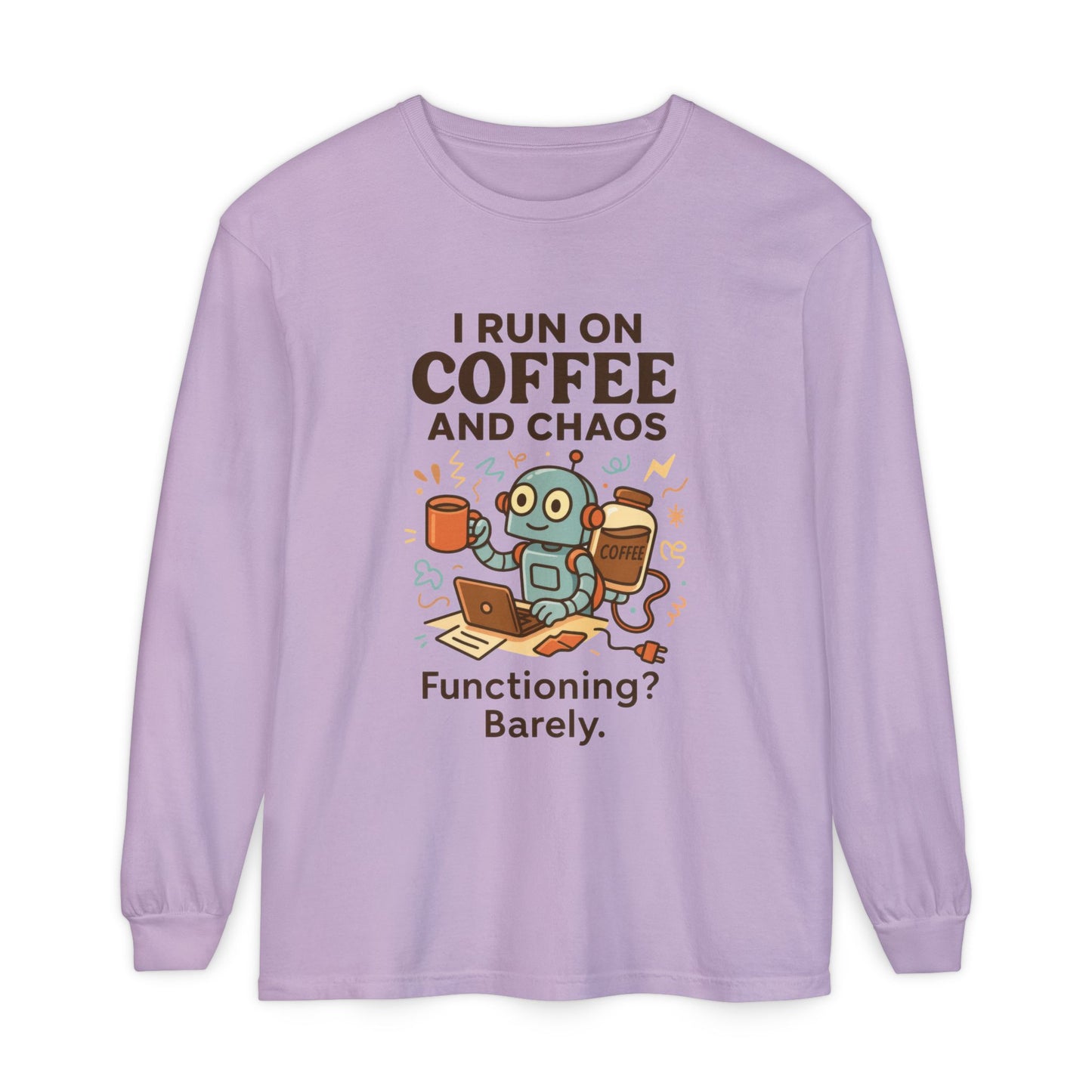 Coffee Chaos Long Sleeve Tee, Funny T-Shirt, Quirky Gift for Coffee Lovers, Unisex Top for Busy Lives, Work from Home Humor Tee