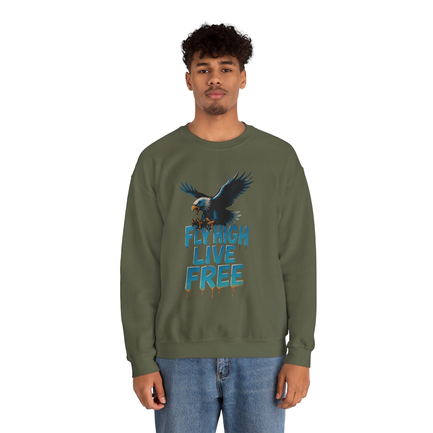 Mens Heavy Blend™ Crewneck Sweatshirt, Fly High Live Free Mens Eagle Graphic Sweatshirt