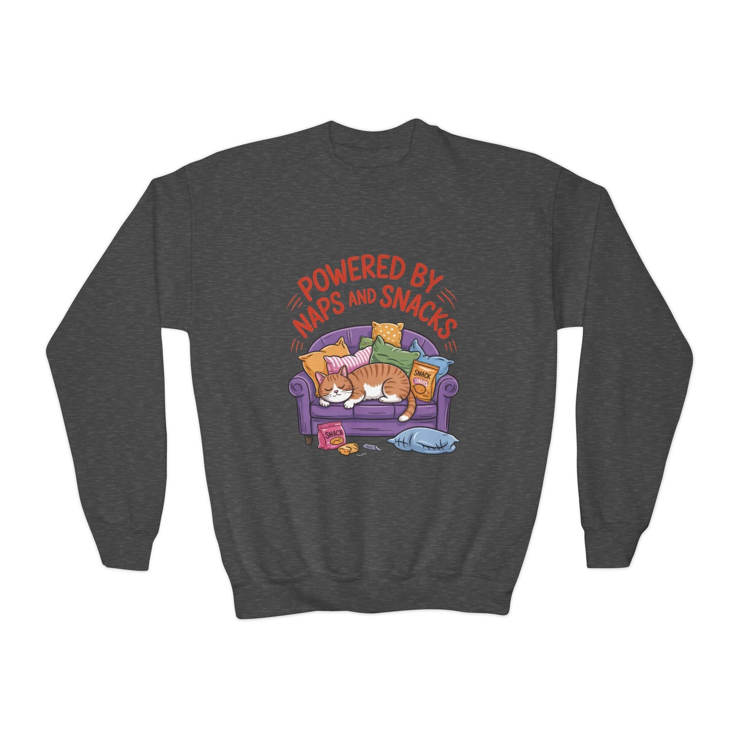 Youth Sweatshirt - Powered by Naps and Snacks, Cozy Apparel for Kids, Perfect for Chill Days, Gift for Cat Lovers, Funny Sweatshirt