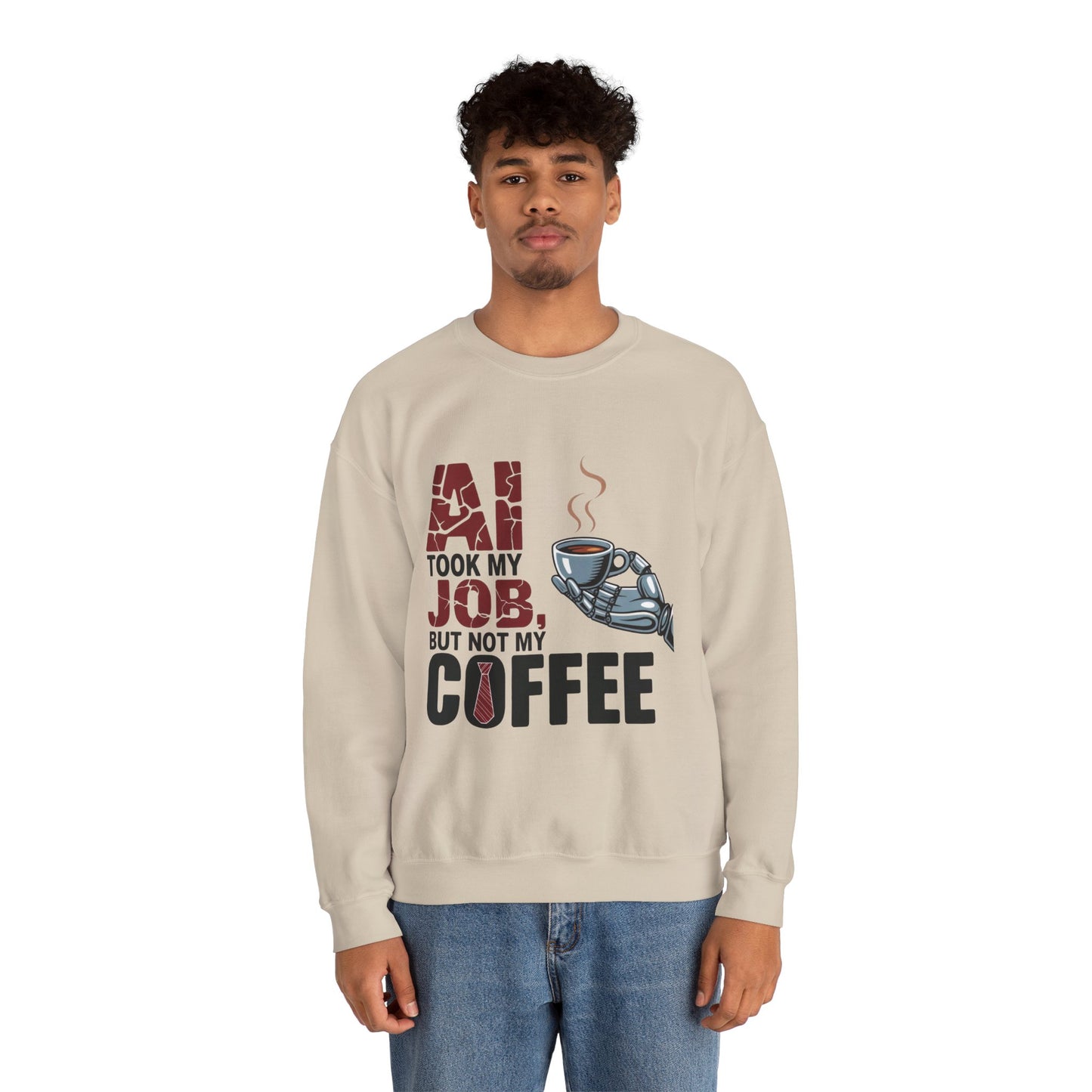 Men's AI Coffee Sweatshirt, Funny Robot Humor Pullover, Geek Sarcastic Job Joke Top, Men's Heavy Blend™ Crewneck Sweatshirt, Office Humor