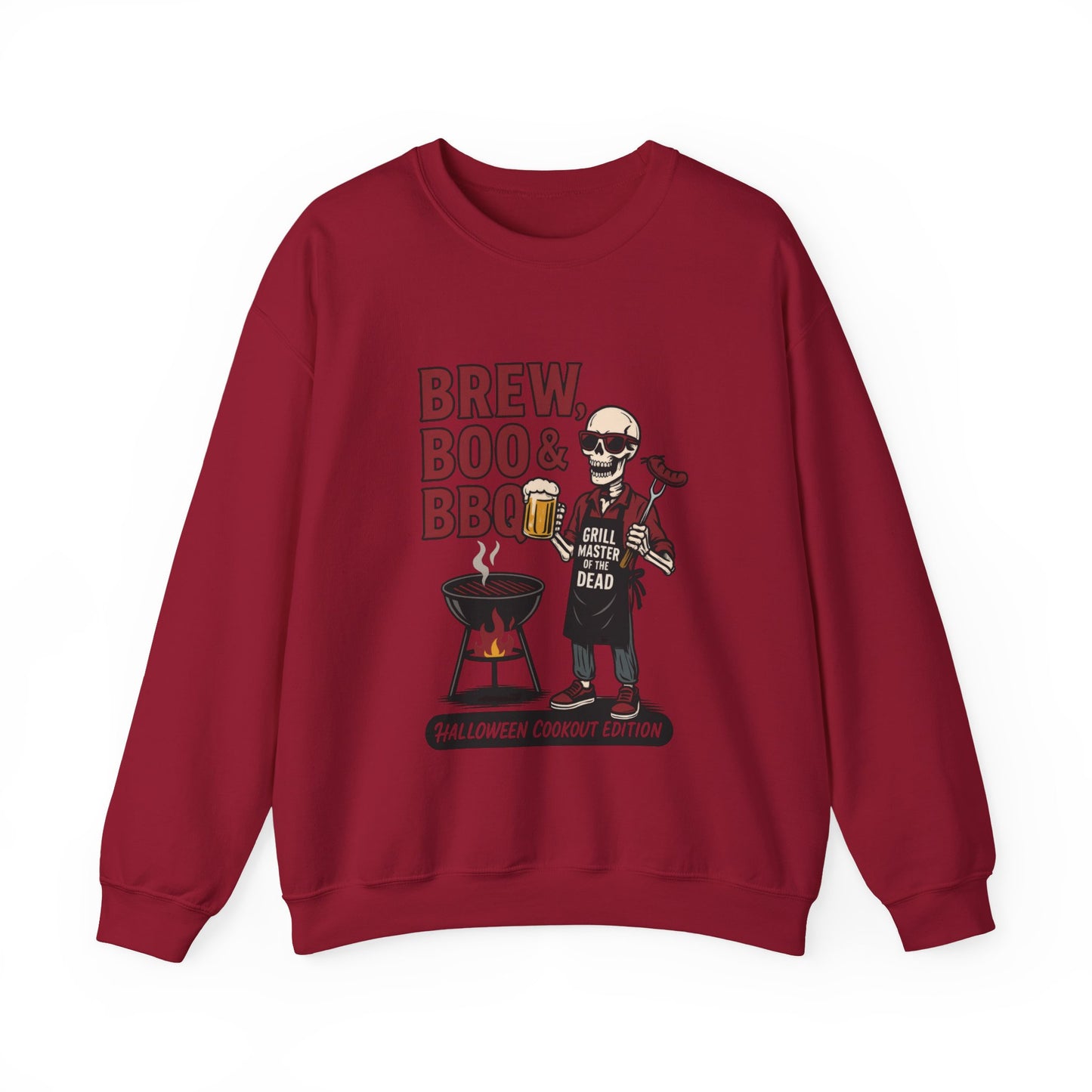 Halloween BBQ Men's Sweatshirt, Brew Boo & BBQ Skeleton Grill Master, Spooky Dad Gift, Skeleton Dad Sweat, Grill Master Crew