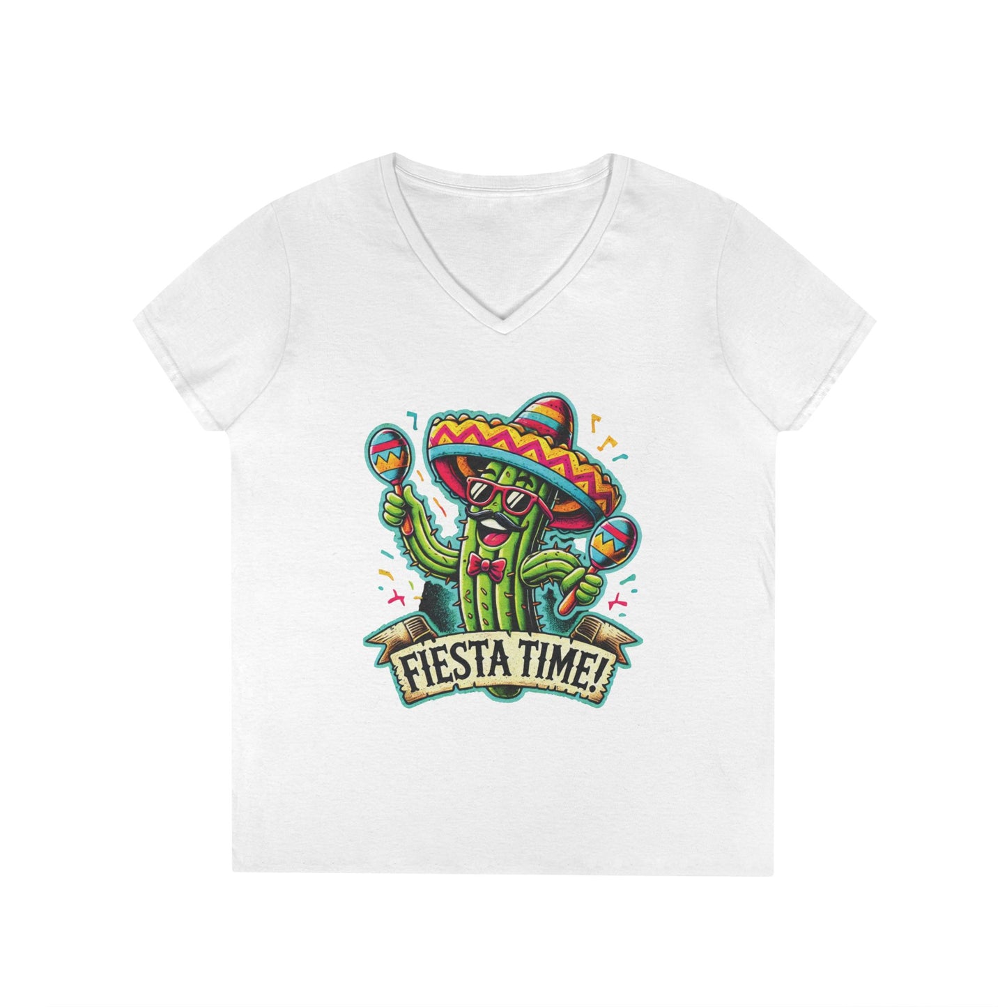 Fiesta Time Cactus Ladies' V-Neck T-Shirt, Funny Sombrero Mexican Party Tee, Cinco de Mayo Gift Idea, Fun Summer Tee, Party Wear