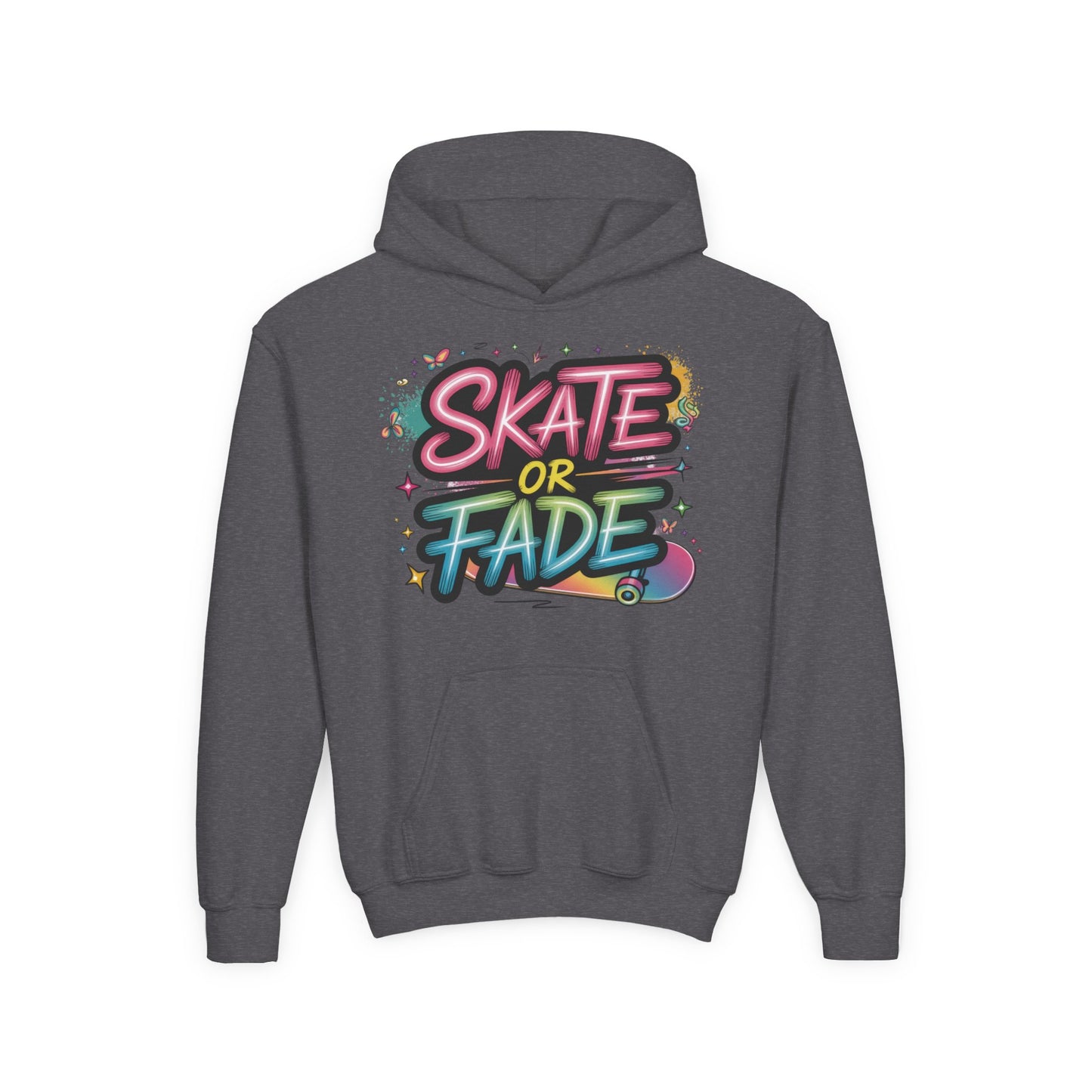 Youth Heavy Blend Hooded Sweatshirt, Skate Or Fade Girls Shirt, Colorful Graffiti Skateboarding Hoodie
