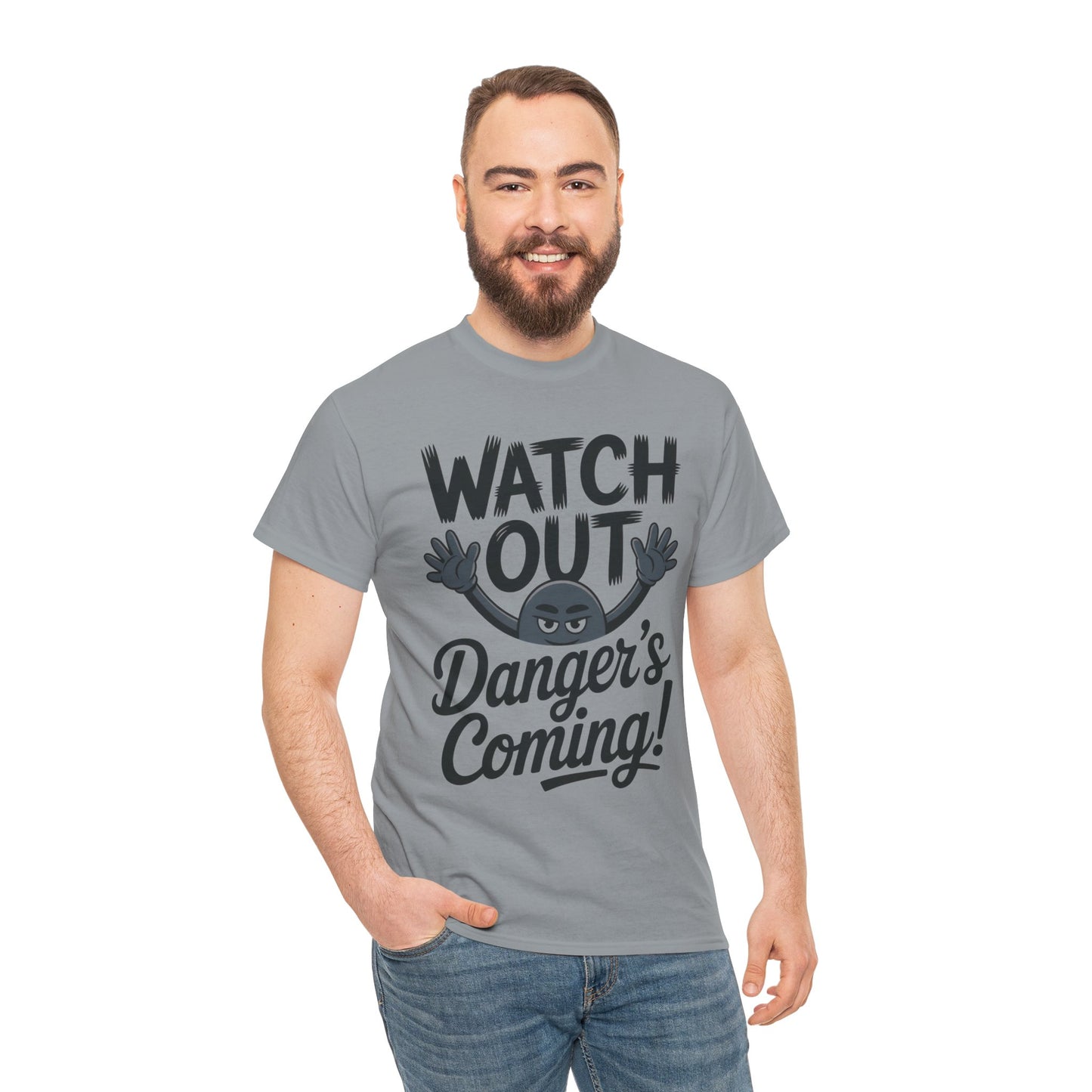 Funny "Watch Out" Cartoon Character T-Shirt, Sketch Style Unisex Heavy Cotton Tee, Minimalist Humorous Graphic Tee, Gift for Him/Her