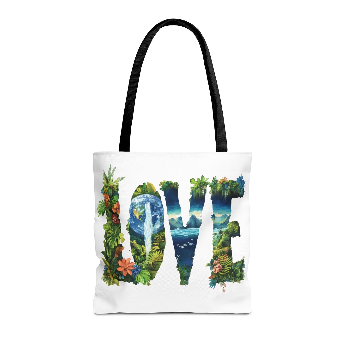 Earth Day LOVE Tote Bag, Eco Friendly Nature Art Bag, Sustainable Planet Message, Floral Tote, Shopping Bag, Beach Bag, Large Canvas Bag