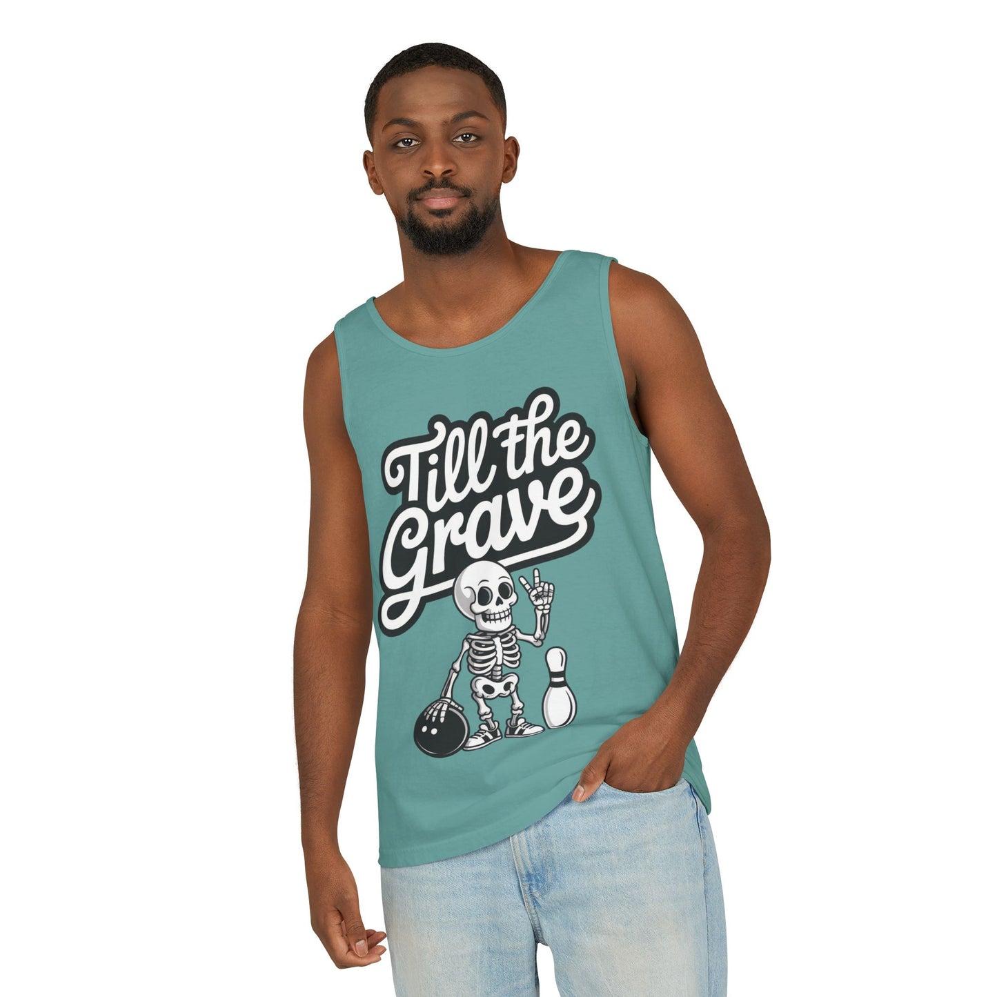 Funny Skeleton Bowling Tank Top, Halloween Apparel, Casual Summer Style, Cool Bowler Skull Workout Top, Strike Till the End