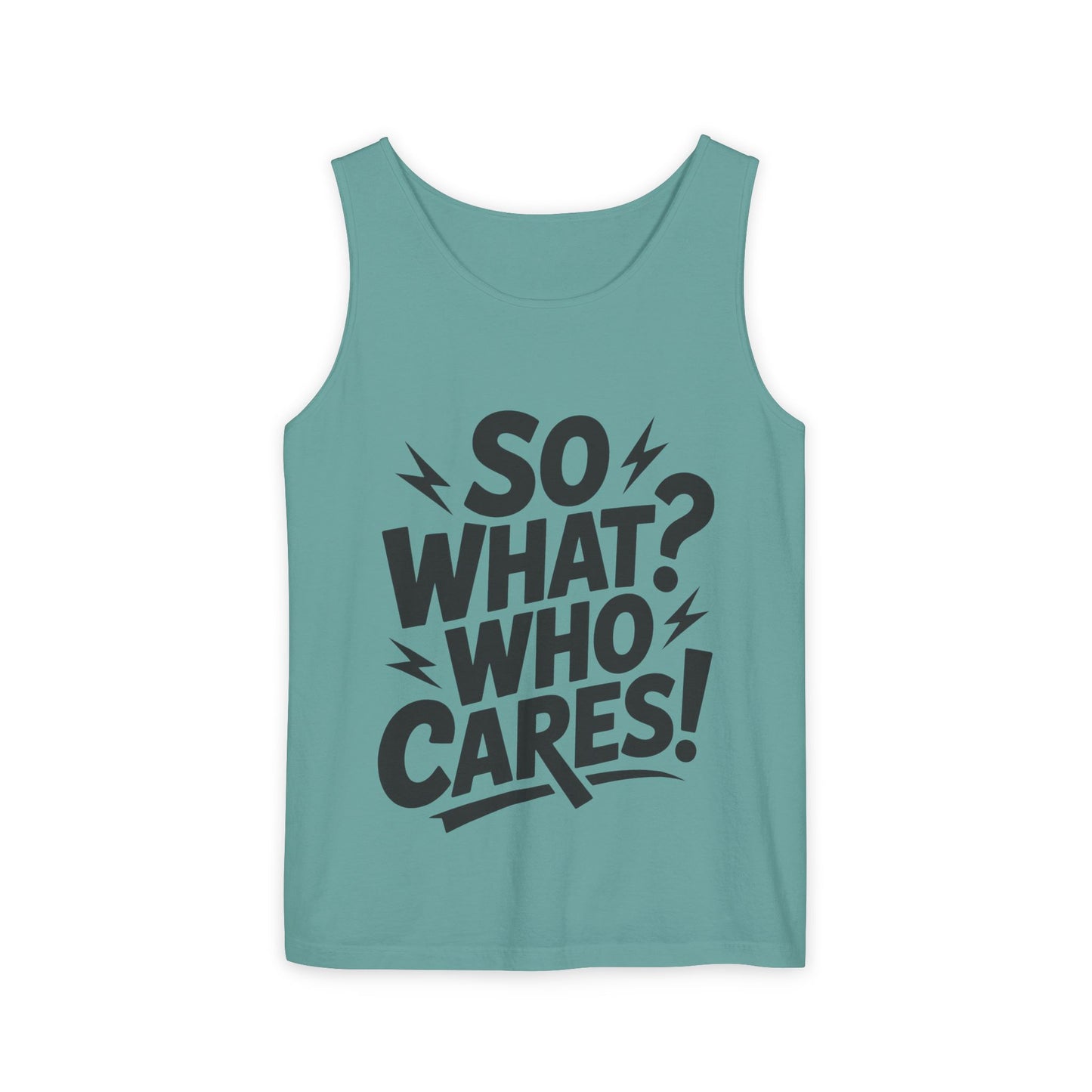 Mens Tank Top, "So What? Who Cares!", Casual Summer Wear, Beach Trip, Festival Outfit, Lightning Print, Sarcastic Summer Tee, Gym Tank
