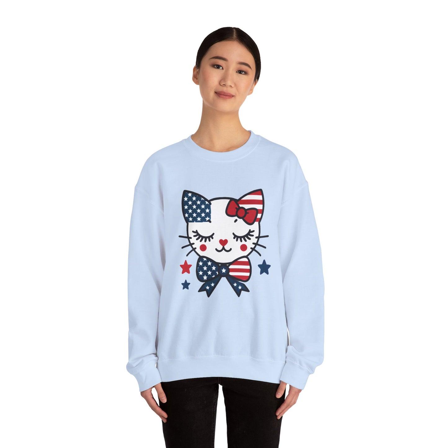 Cute Cat American Flag Sweatshirt, Women's Crewneck, Perfect for 4th of July, Women's Casual Wear, Cat Lovers Gifts