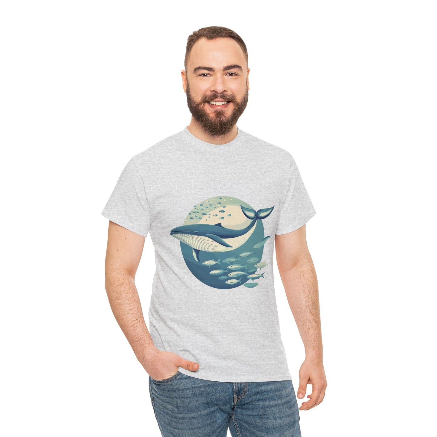 Whale and Fish Unisex Heavy Cotton Tee, Ocean Lover Shirt, Nature Tee, Sea Creature Gift, Casual Summer Top, Ocean Whale Graphic Tee