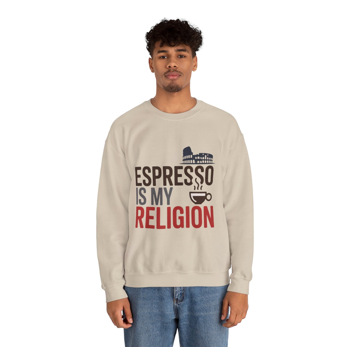 Mens Heavy Blend™ Crewneck Sweatshirt, Espresso Is My Religion Coffee Rome Mens Sweatshirt, Barista Gift, Coffee Lover Gift