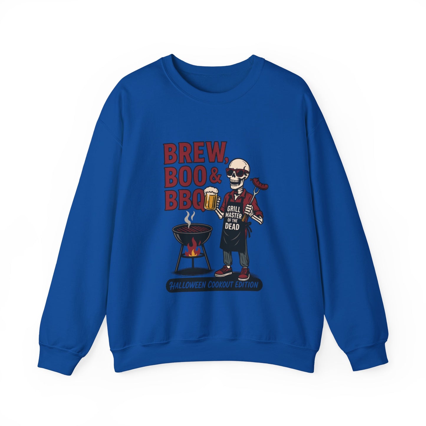 Halloween BBQ Men's Sweatshirt, Brew Boo & BBQ Skeleton Grill Master, Spooky Dad Gift, Skeleton Dad Sweat, Grill Master Crew