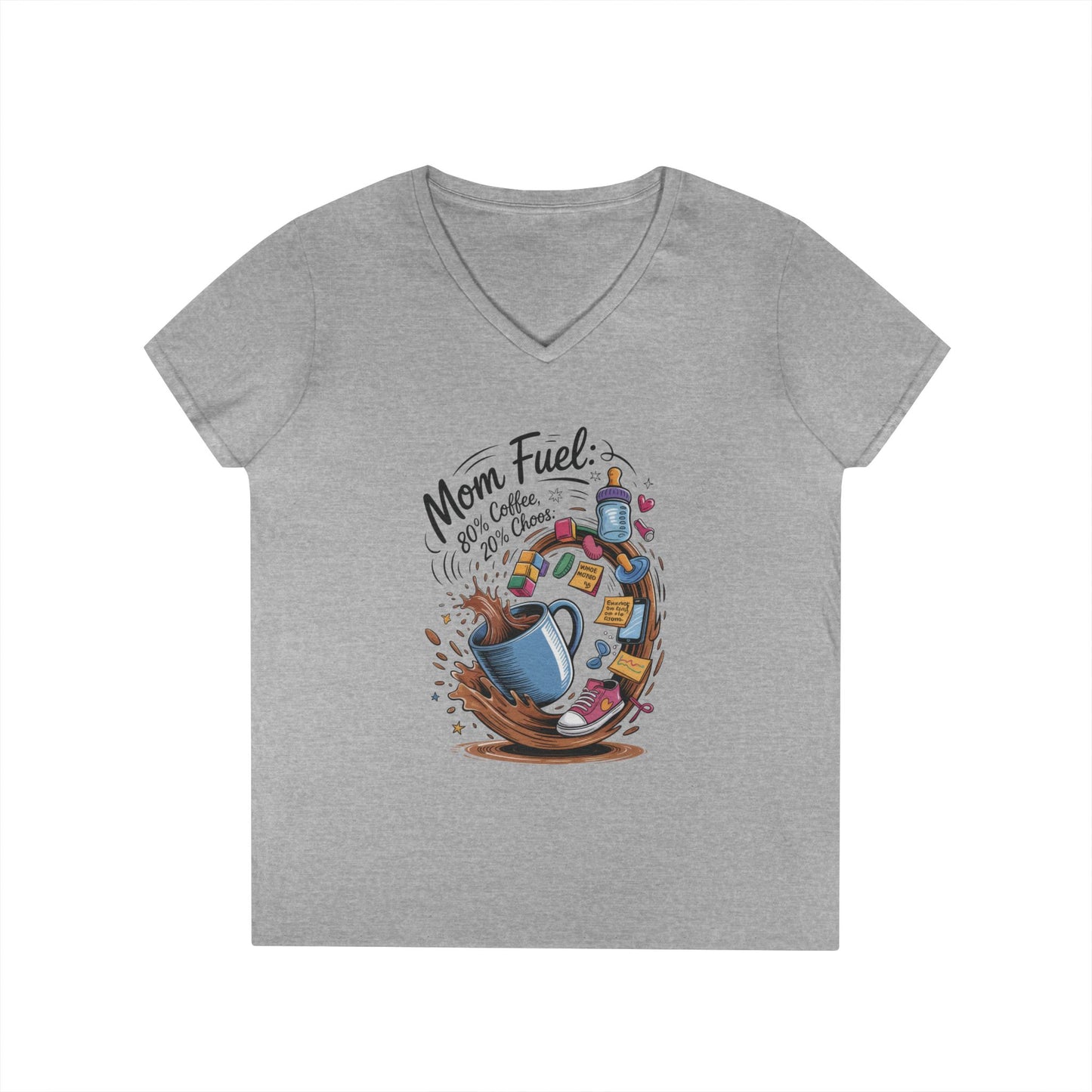 Mom Fuel V-Neck T-Shirt, Funny Coffee Lover V-Neck T-Shirt, Gift for Moms, Mother's Day, Casual Wear, Pajama Top