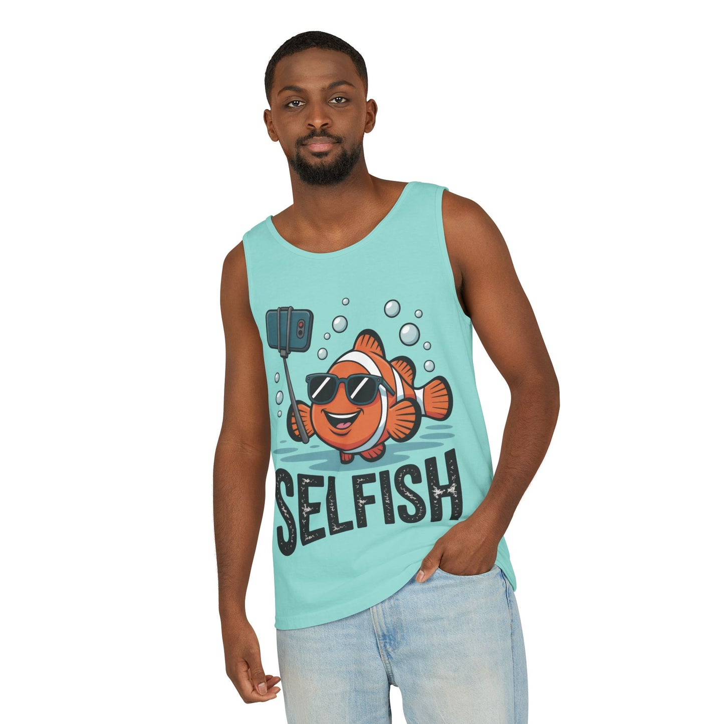 Mens Garment-Dyed Tank Top, Mens Selfish Funny Fish Tank Top, Cute Selfie Graphic Shirt, Ocean Humor Top