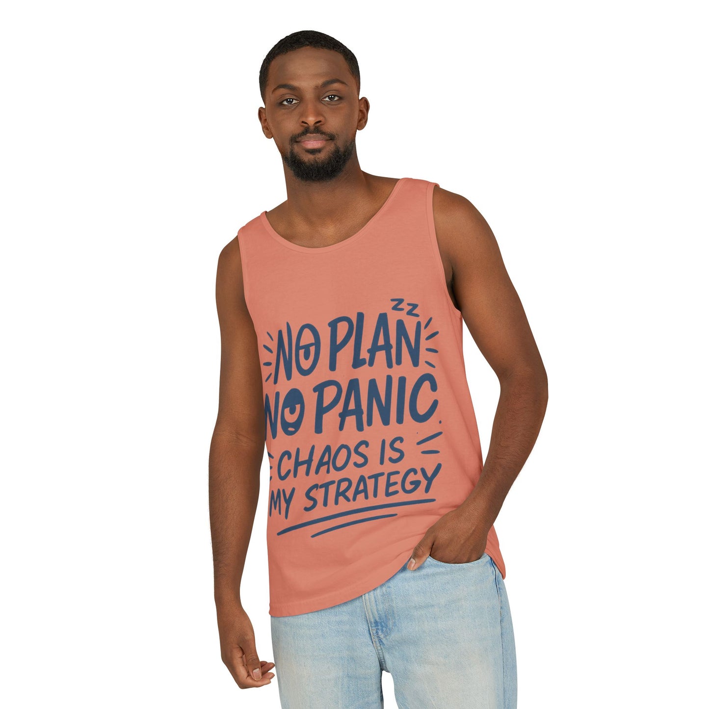Funny Chaos Quote Mens Tank Top, No Plan No Panic Humor Shirt, Casual Graphic Tee Gift for Him, Relaxed Fit, Workout Gym Humor Shirt