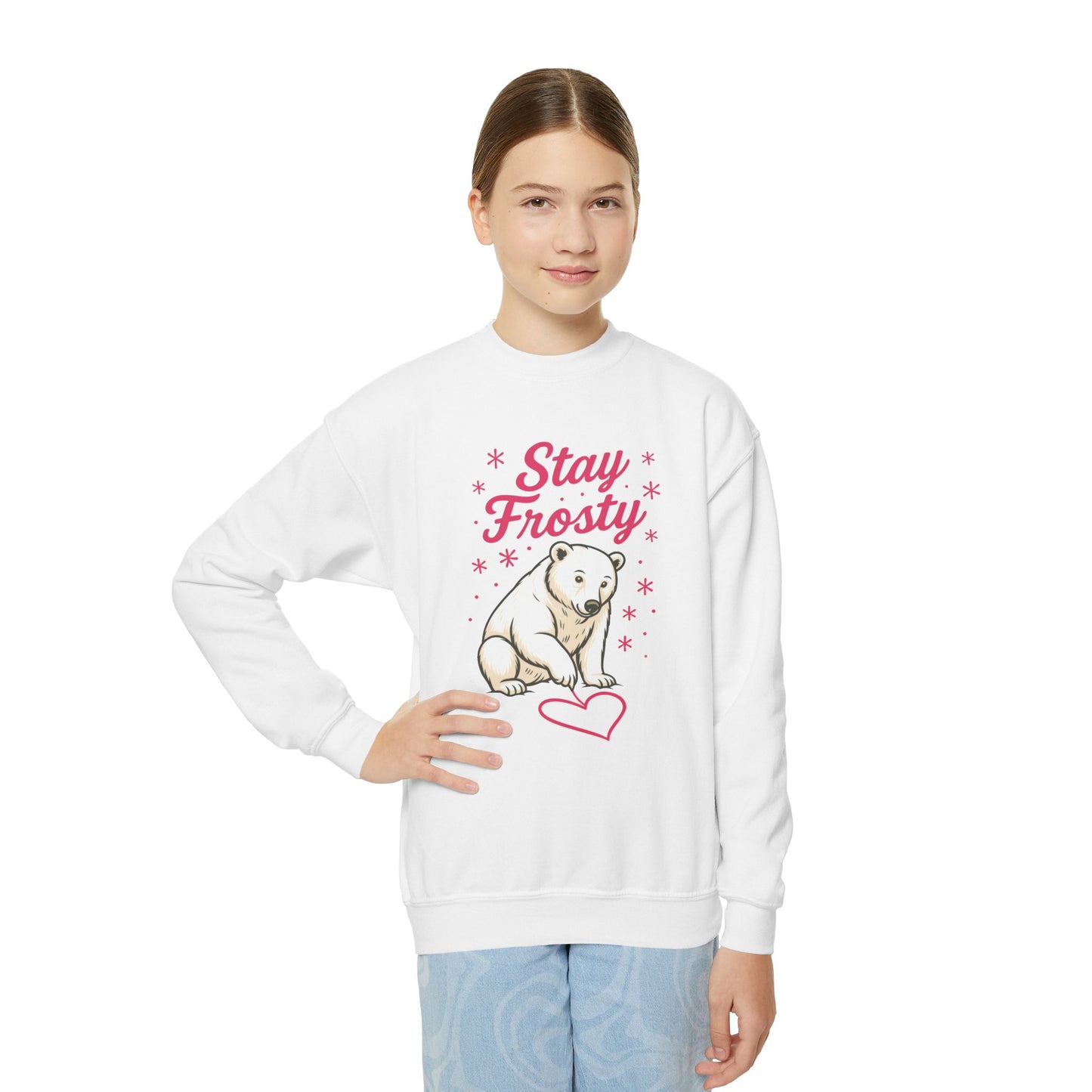Youth Crewneck Sweatshirt, Kids Stay Frosty Polar Bear Sweatshirt, Cute Winter Animal Pullover for Children