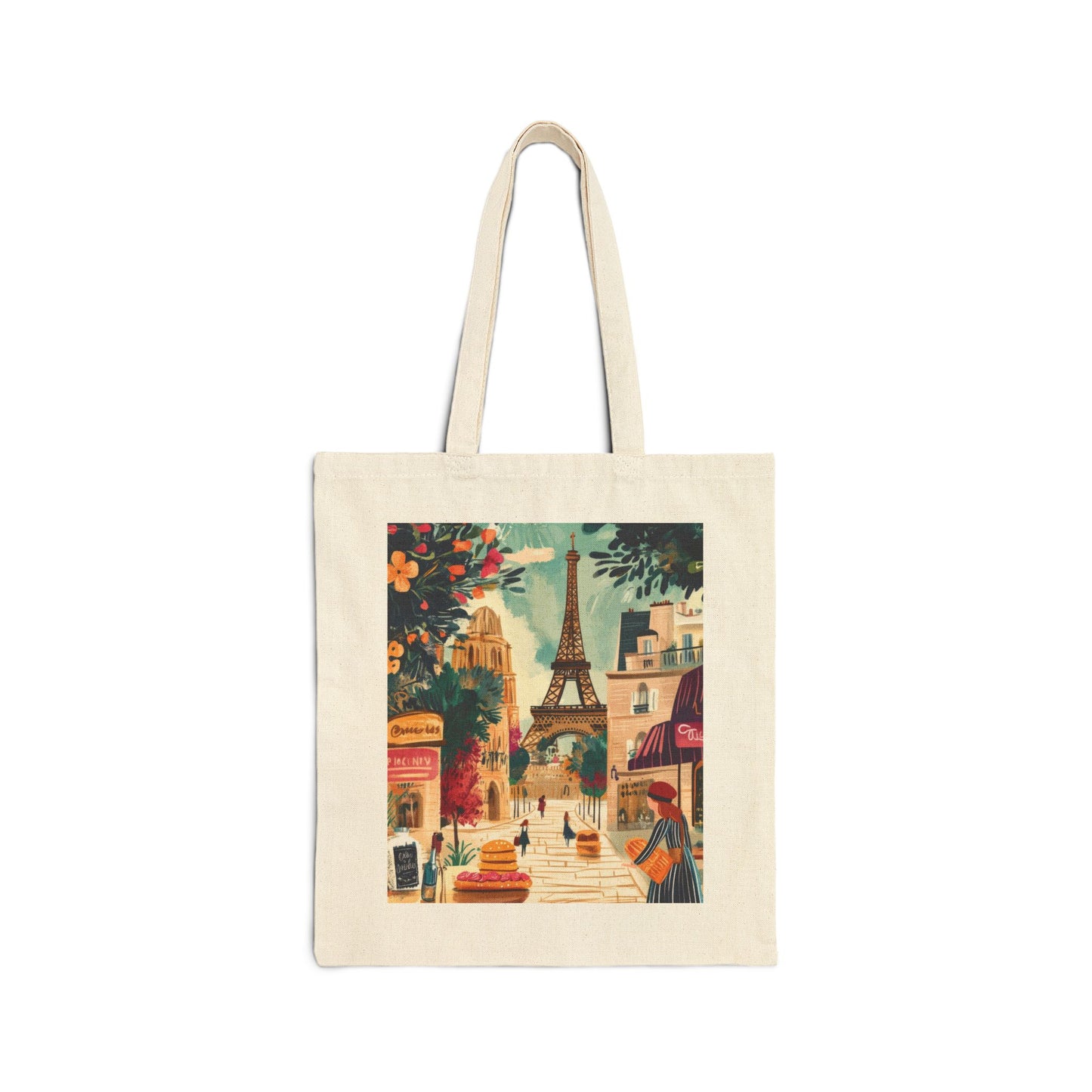 Parisian Scene Cotton Canvas Tote Bag, Eco-Friendly Shopping Tote, Travel Bag, Gift for Her, Fashionable Carryall