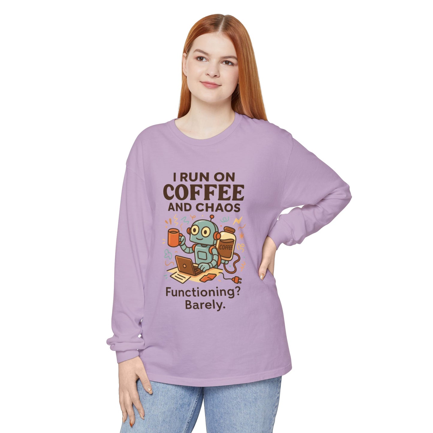 Coffee Chaos Long Sleeve Tee, Funny T-Shirt, Quirky Gift for Coffee Lovers, Unisex Top for Busy Lives, Work from Home Humor Tee