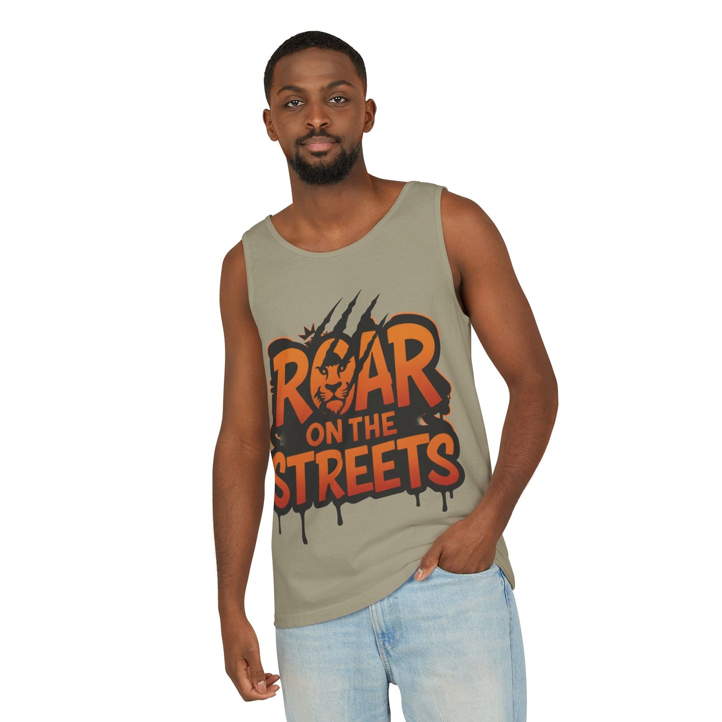 Mens Garment-Dyed Tank Top, Roar on the Streets Lion Graphic Mens Tank Top