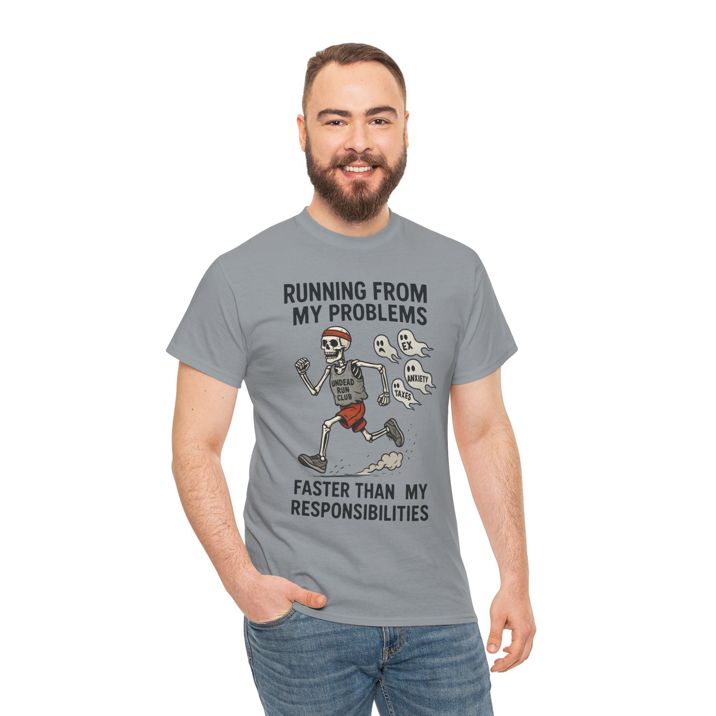 Skeleton Runner Tee for Men, Undead Jogging Club Shirt, Halloween T-Shirt, Gift for Runners, Anxiety Humor Gift