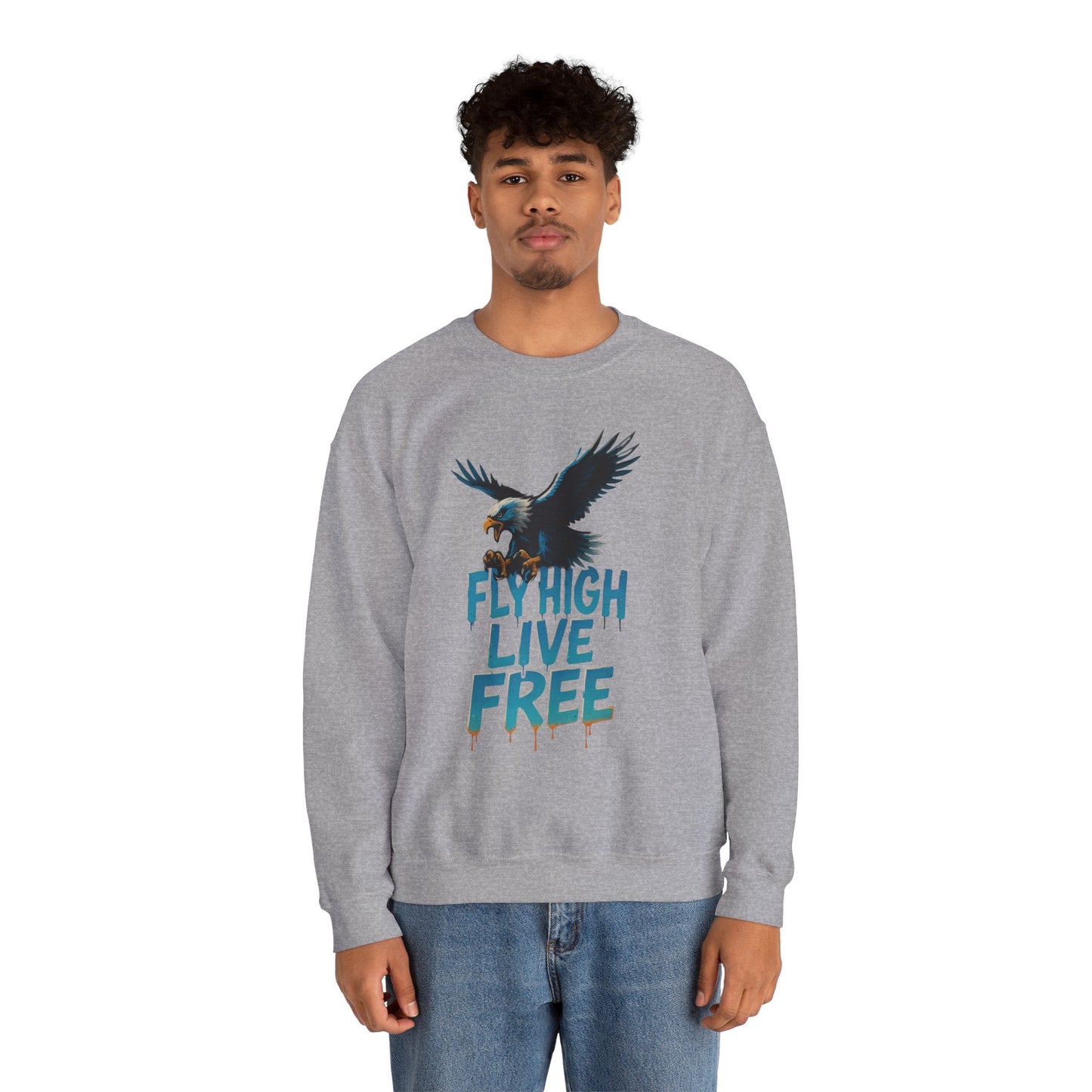 Mens Heavy Blend™ Crewneck Sweatshirt, Fly High Live Free Mens Eagle Graphic Sweatshirt