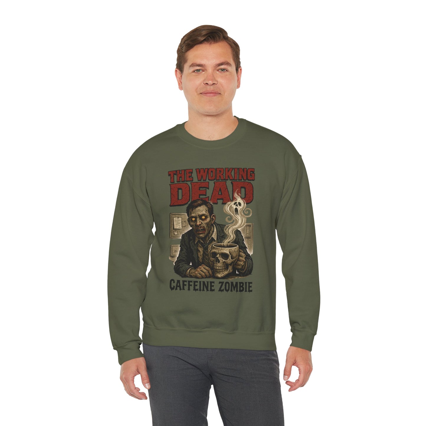 The Working Dead Men's Funny Zombie Sweatshirt, Office Humor Crewneck, Halloween Zombie Top, Coffee Zombie Sweatshirt