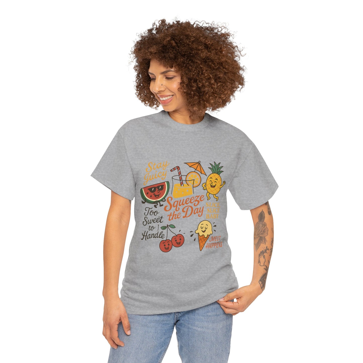 Cute Fruit Pun T-Shirt for Women, Summer Graphic Tee, Kawaii Watermelon Pineapple Ice Cream Design, Squeeze the Day Shirt, Stay Juicy Top