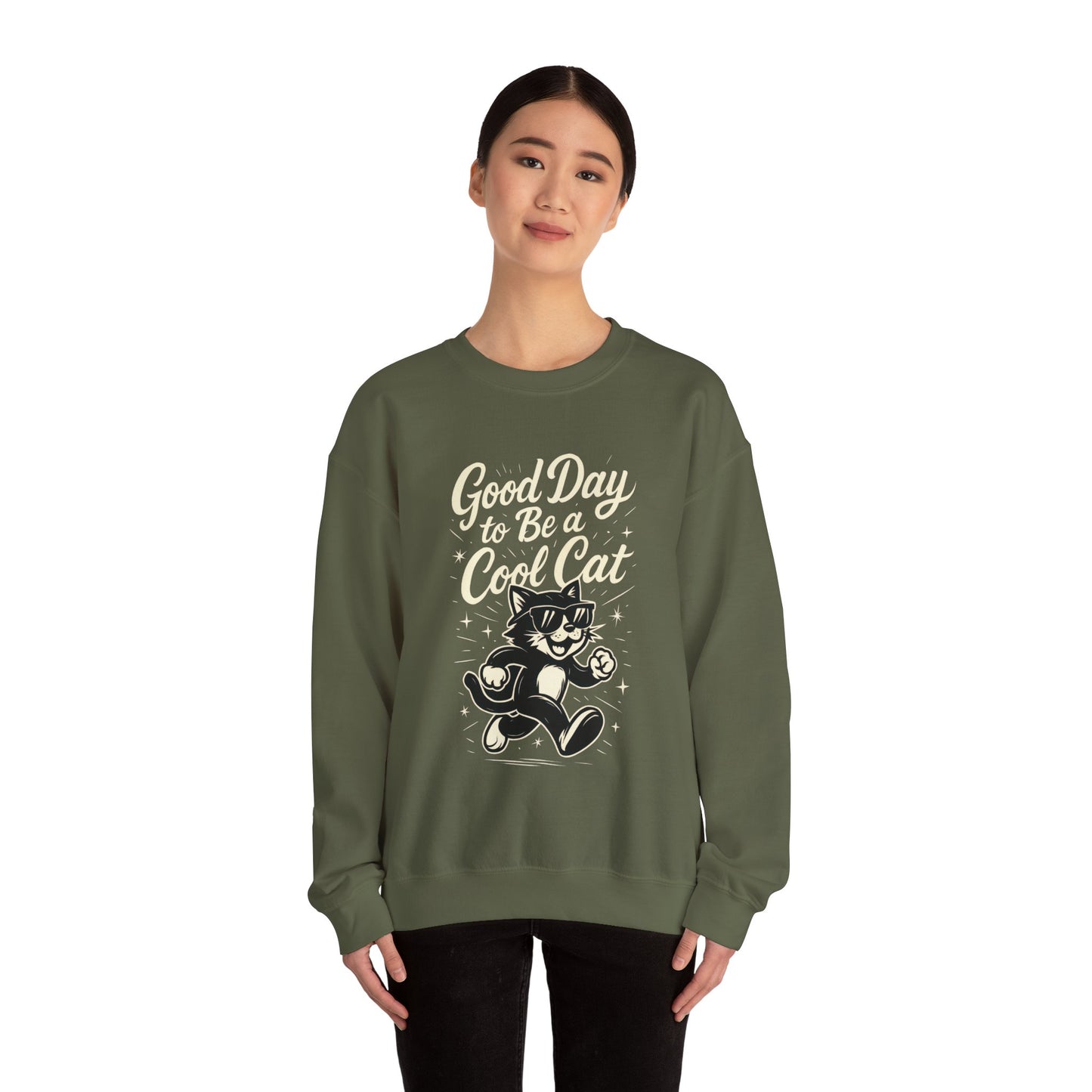 Funny Cool Cat Womens Crewneck Sweatshirt - Good Day to Be a Cool Cat Retro Kitty Pullover - Cute Cat Lover Sweater