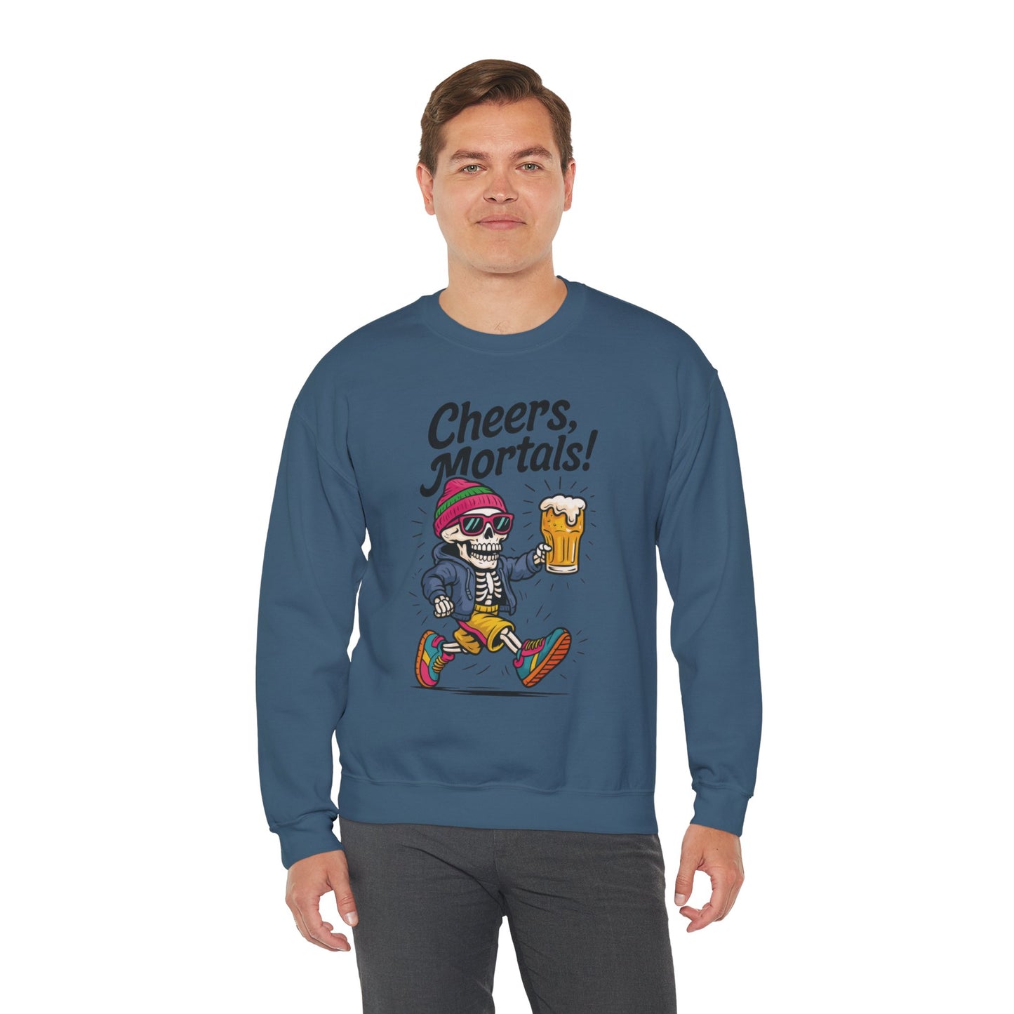 Cheers Mortals! Mens Crewneck Sweatshirt, Skeleton Beer Pullover with Hood, Drinking Humor Sweatshirt, Party Gift for Him, Halloween Apparel