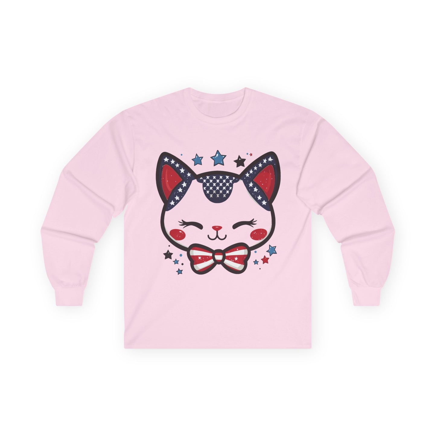 Cute Patriotic Cat Long Sleeve Tee, Unisex Cotton Shirt, Cat Lover Gift, 4th of July Tee, Fun Casual Wear, Holiday Apparel