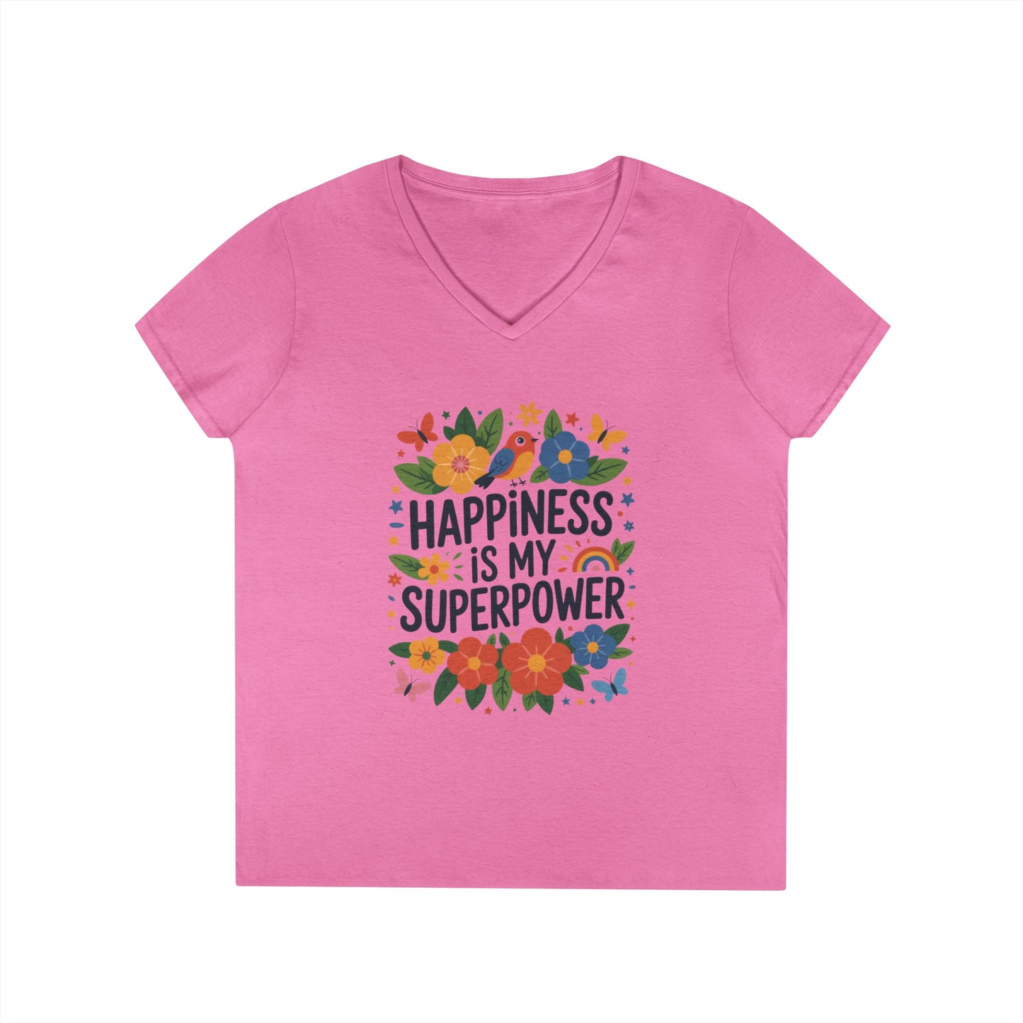 Happiness is My Superpower V-Neck T-Shirt, Floral Motivational Tee, Gift for Her, Positive Quote Shirt, Joyful Statement Tee