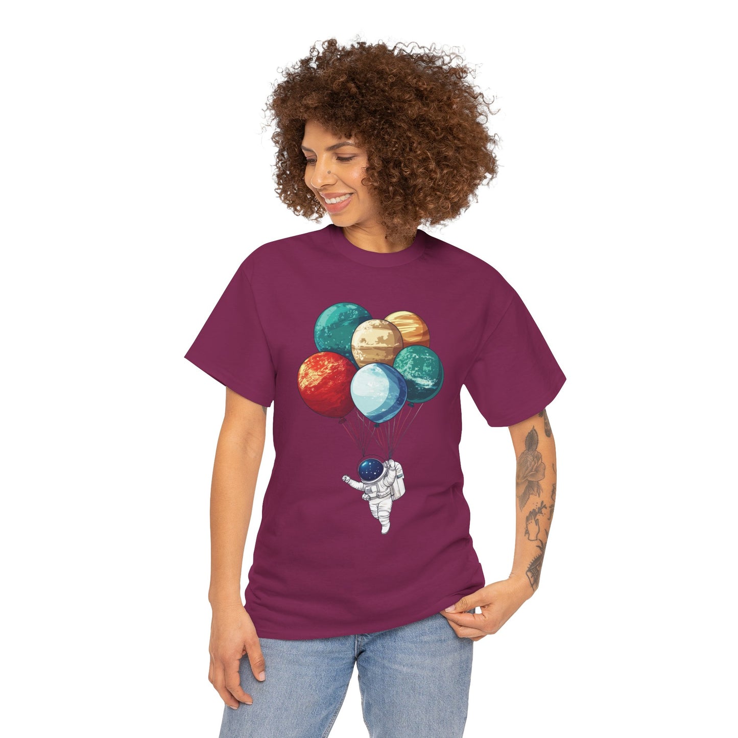 Astronaut with Planet Balloons T-Shirt, Space Lover Unisex Tee, Outer Space Graphic Shirt, Space Theme Shirt, Cosmic Adventure Top