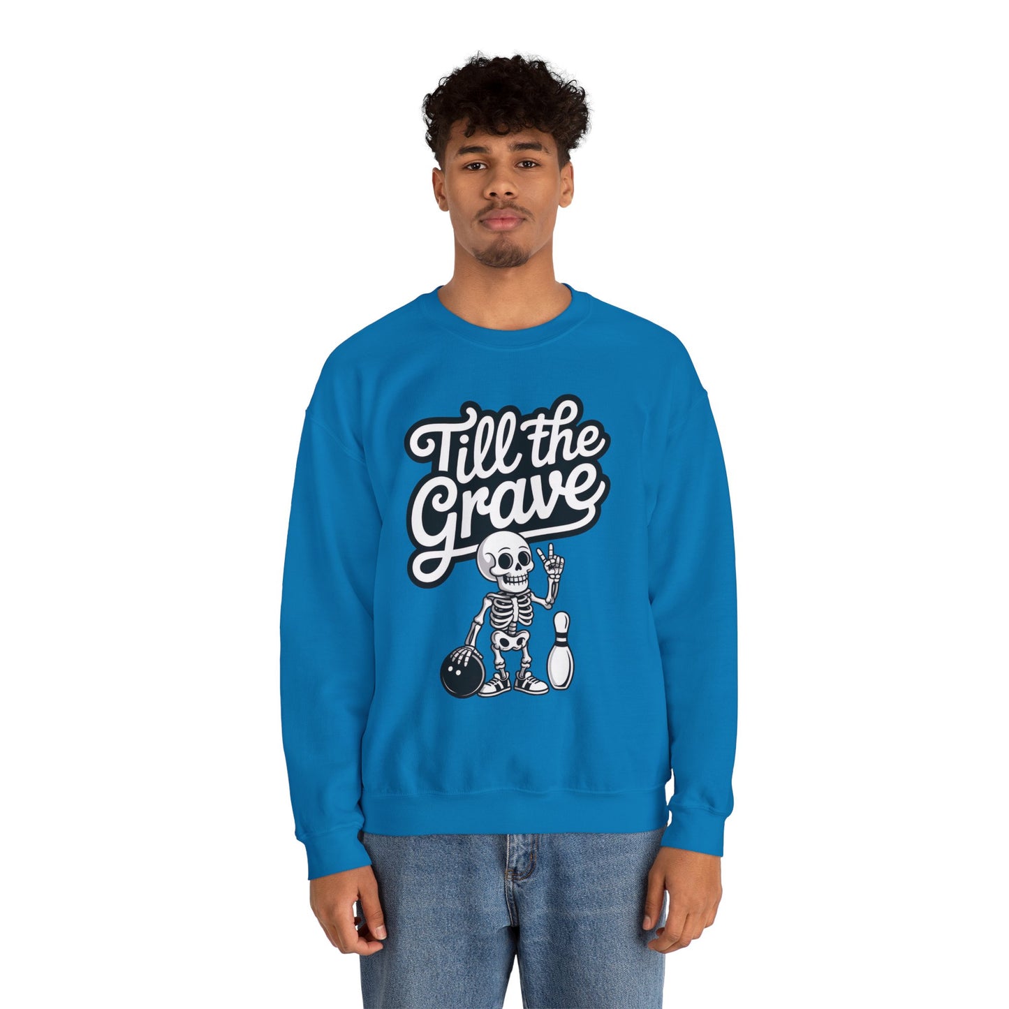 Funny Skeleton Bowling Mens Pullover, Halloween Apparel, Funny Skeleton Bowling Shirt, Casual Mens Crewneck, Cool Bowler Skull Crewneck